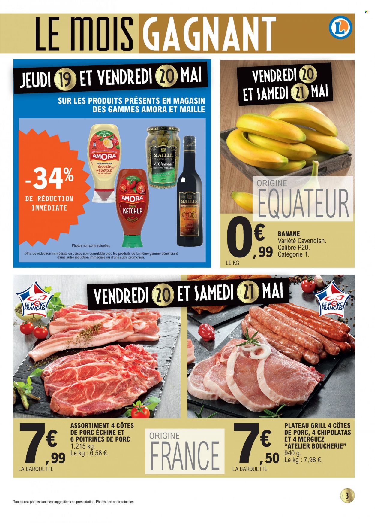 thumbnail - Catalogue E.Leclerc - 17/05/2022 - 28/05/2022 - Produits soldés - côtes de porc, côtes de porc échine, viande de porc, bananes, merguez, chipolata, Maille, grill. Page 3.