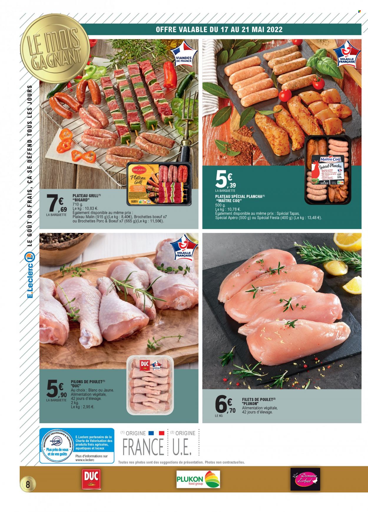 thumbnail - Catalogue E.Leclerc - 17/05/2022 - 28/05/2022 - Produits soldés - Maître CoQ, filet de poulet, viande de poulet, pilons de poulet, tapas, grill, plancha. Page 8.