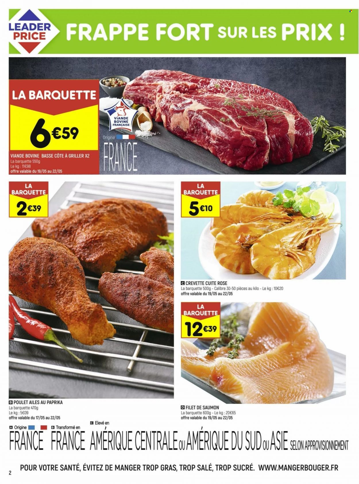 thumbnail - Catalogue Leader Price - 17/05/2022 - 29/05/2022 - Produits soldés - poulet, côte à griller, saumon, crevettes, pavés de saumon. Page 2.