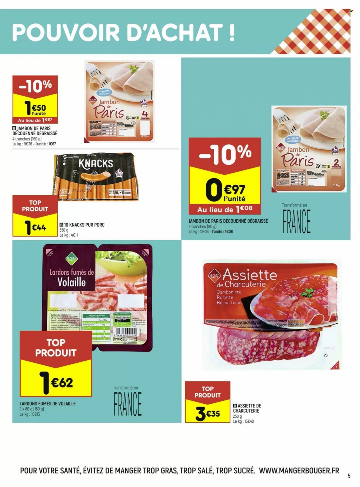 thumbnail - Catalogue Leader Price - 17/05/2022 - 29/05/2022 - Produits soldés - jambon, jambon sec, rosette, lardons, charcuterie tranchée, bacon, Knacks. Page 5.