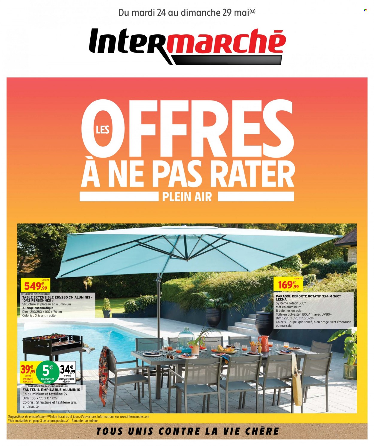 thumbnail - Catalogue Intermarché - 24/05/2022 - 29/05/2022 - Produits soldés - table, table extensible, fauteuil, parasol, parasol déporté. Page 1.