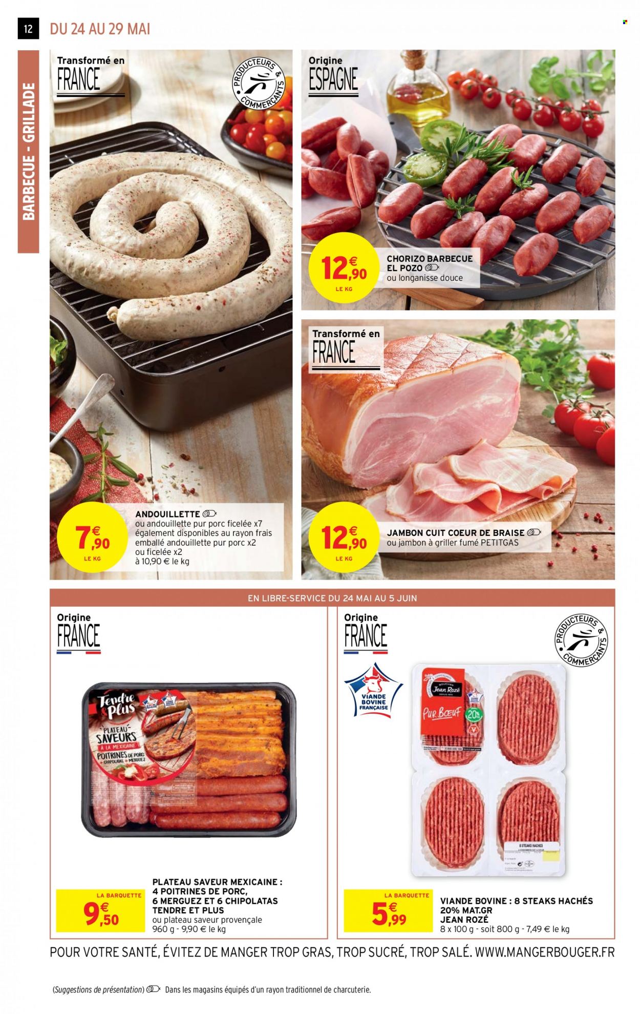 thumbnail - Catalogue Intermarché Hyper - 24/05/2022 - 05/06/2022 - Produits soldés - steak haché, viande hachée, chorizo, andouillette, merguez, chipolata. Page 12.