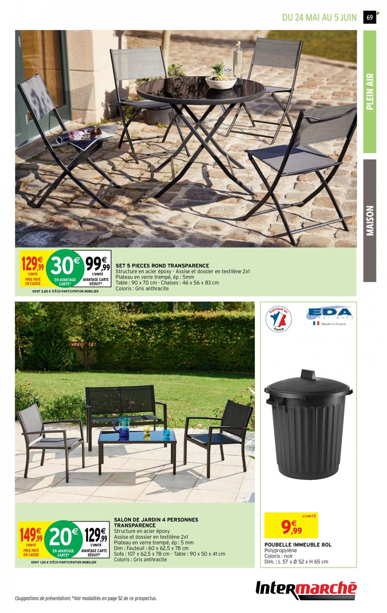 thumbnail - Catalogue Intermarché Hyper - 24/05/2022 - 05/06/2022 - Produits soldés - table, chaise, poubelle, fauteuil, salon de jardin, maison. Page 69.