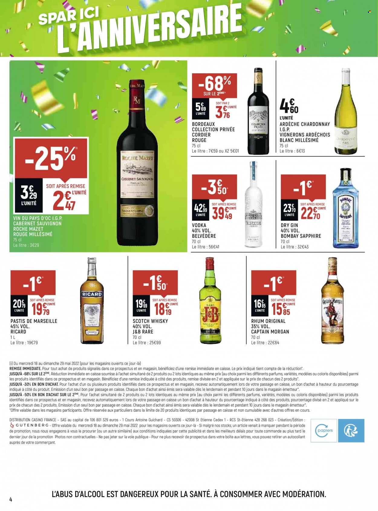 thumbnail - Catalogue SPAR - 18/05/2022 - 29/05/2022 - Produits soldés - Bordeaux, vin blanc, vin rouge, vin, Cabernet Sauvignon, Captain Morgan, gin, vodka, whisky, rhum, pastis, J&B, Belvedere. Page 4.