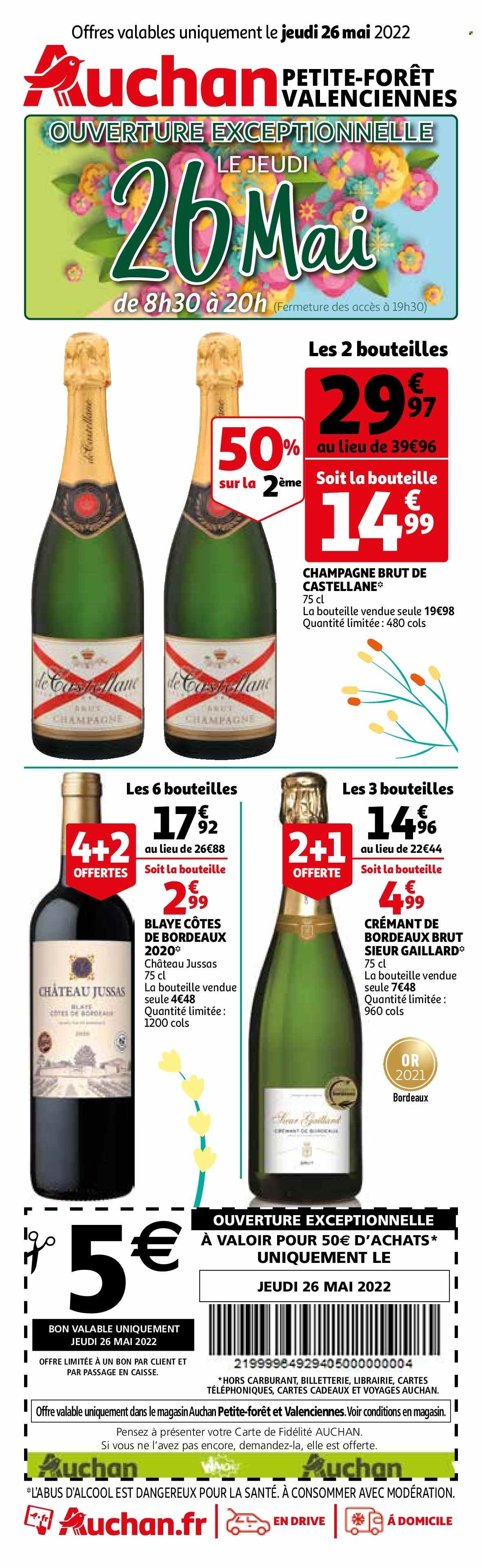 thumbnail - Catalogue Auchan - 26/05/2022 - 26/05/2022 - Produits soldés - Bordeaux, champagne, vin rouge, vin, Crémant de Bordeaux. Page 1.