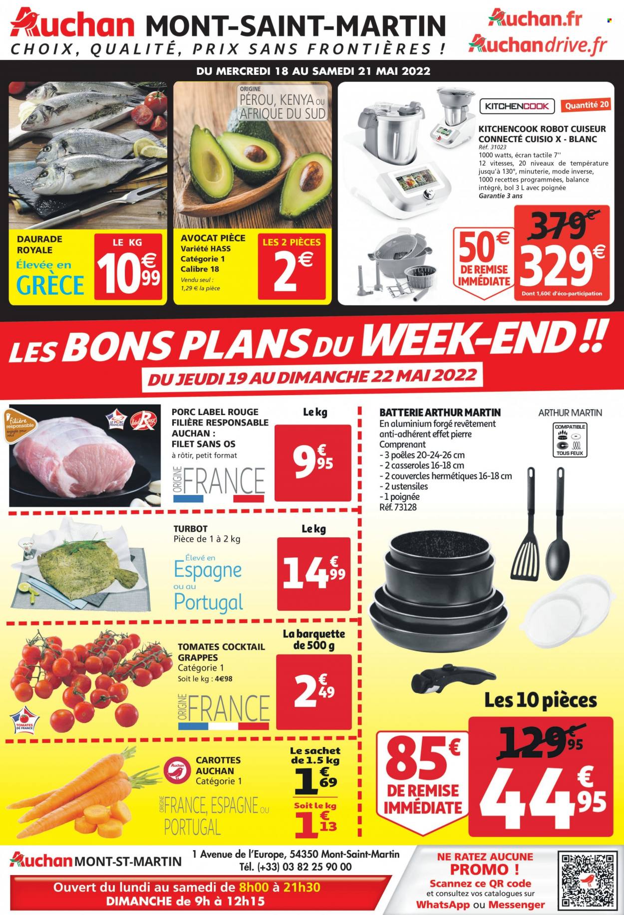 thumbnail - Catalogue Auchan - 19/05/2022 - 22/05/2022 - Produits soldés - poêle, avocat, tomates, carotte, dorade, casserole, robot de cuisine. Page 1.