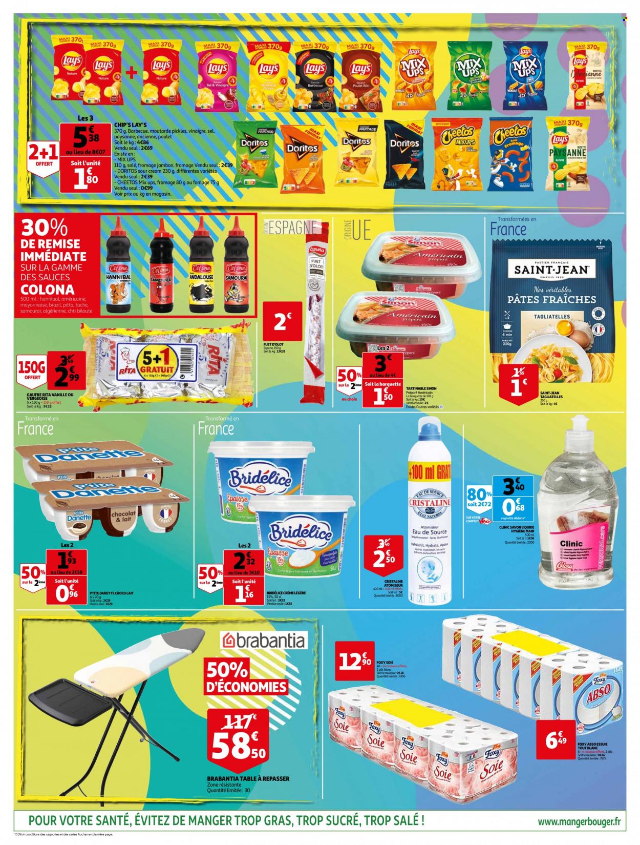 thumbnail - Catalogue Auchan - 18/05/2022 - 24/05/2022 - Produits soldés - jambon, fuet, Danette, chocolat, chips, Lay’s, Doritos, sel, pâtes, tagliatelles, vinaigre, eau de source, Cristaline, savon, table à repasser. Page 3.
