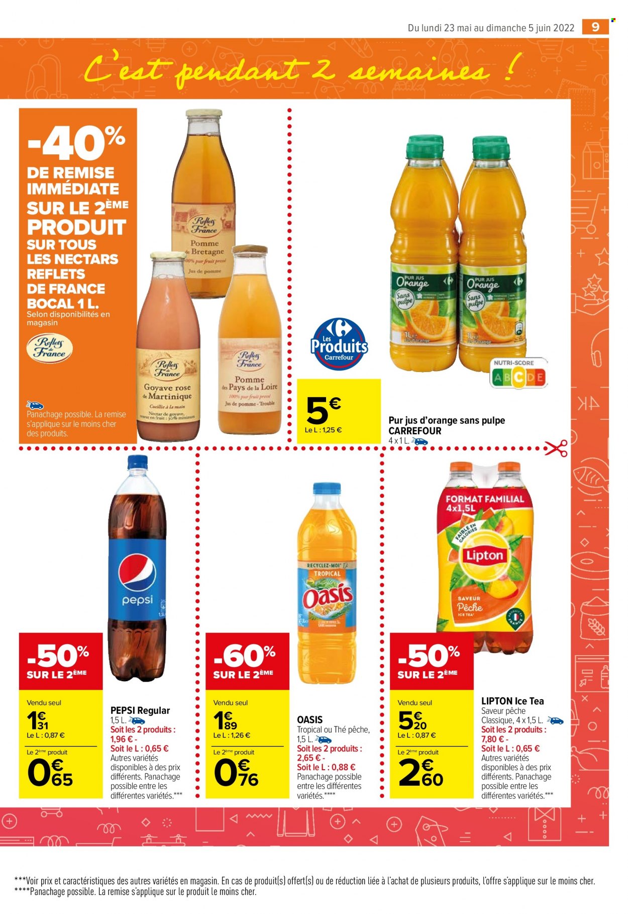 thumbnail - Catalogue Carrefour Market - 23/05/2022 - 05/06/2022 - Produits soldés - Oasis, jus, jus d'orange, Lipton, pur jus, Pepsi, thé glacé, thé, bocal. Page 11.
