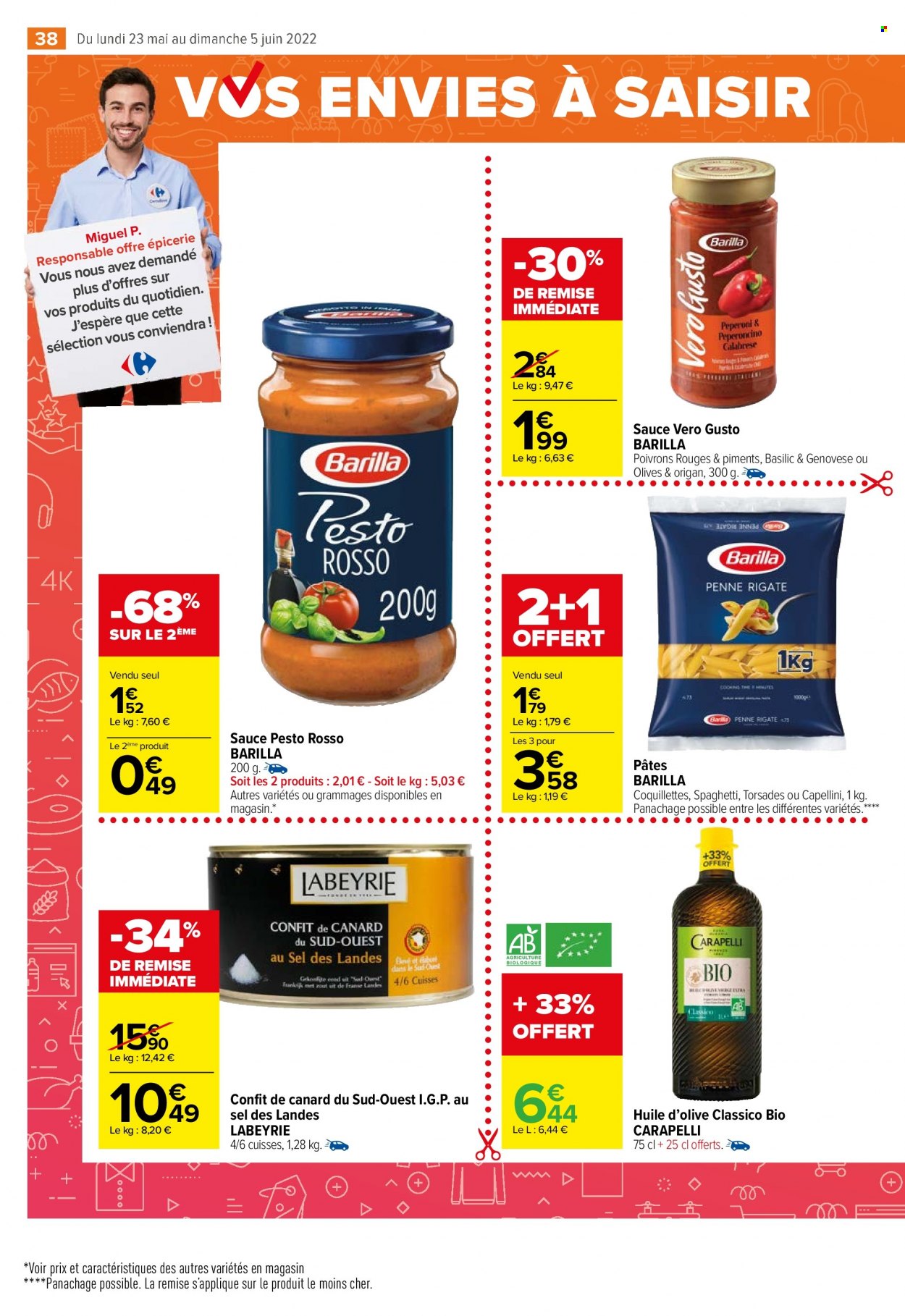 thumbnail - Catalogue Carrefour Market - 23/05/2022 - 05/06/2022 - Produits soldés - poivrons, Labeyrie, confit de canard, Barilla, pâtes, basilic, origan, pesto, huile, huile d'olive. Page 40.