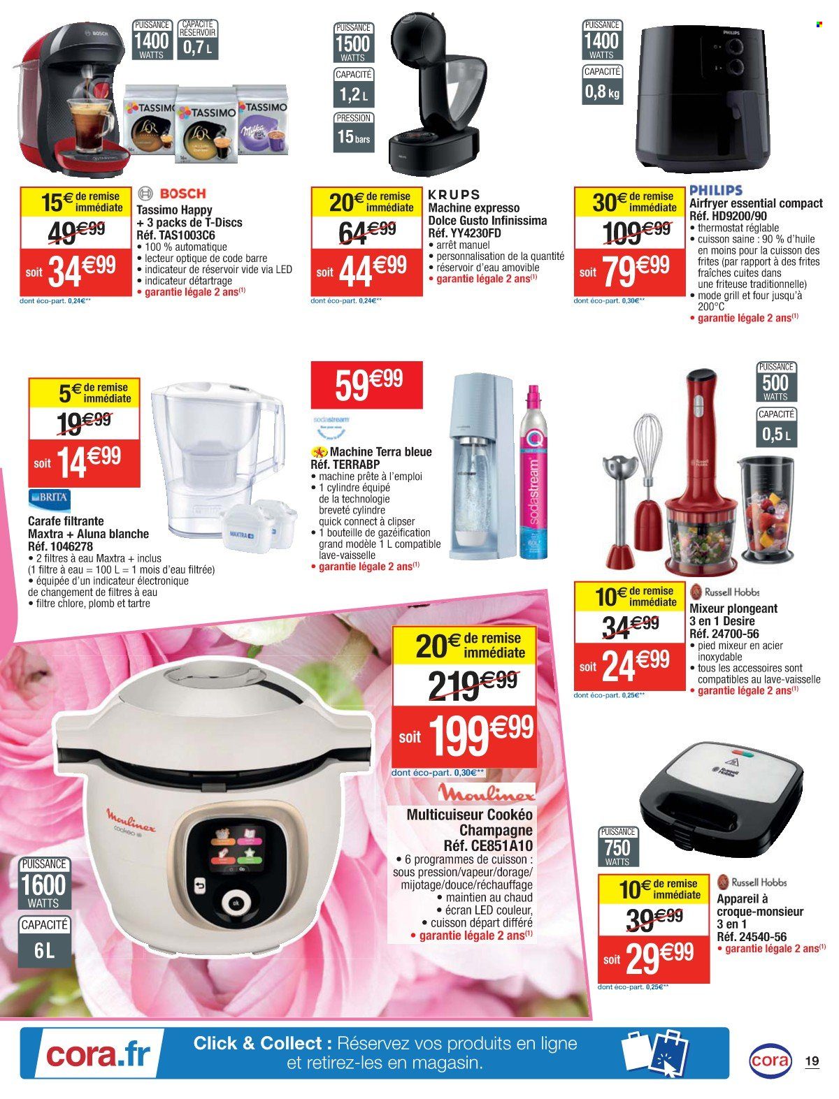 thumbnail - Catalogue Cora - 24/05/2022 - 30/05/2022 - Produits soldés - Bosch, Philips, croque-monsieur, SodaStream, Expresso, champagne, carafe, Brita, carafe filtrante, Krups, Russell Hobbs, friteuse, Moulinex, pied mixeur, mixeur, grill. Page 19.