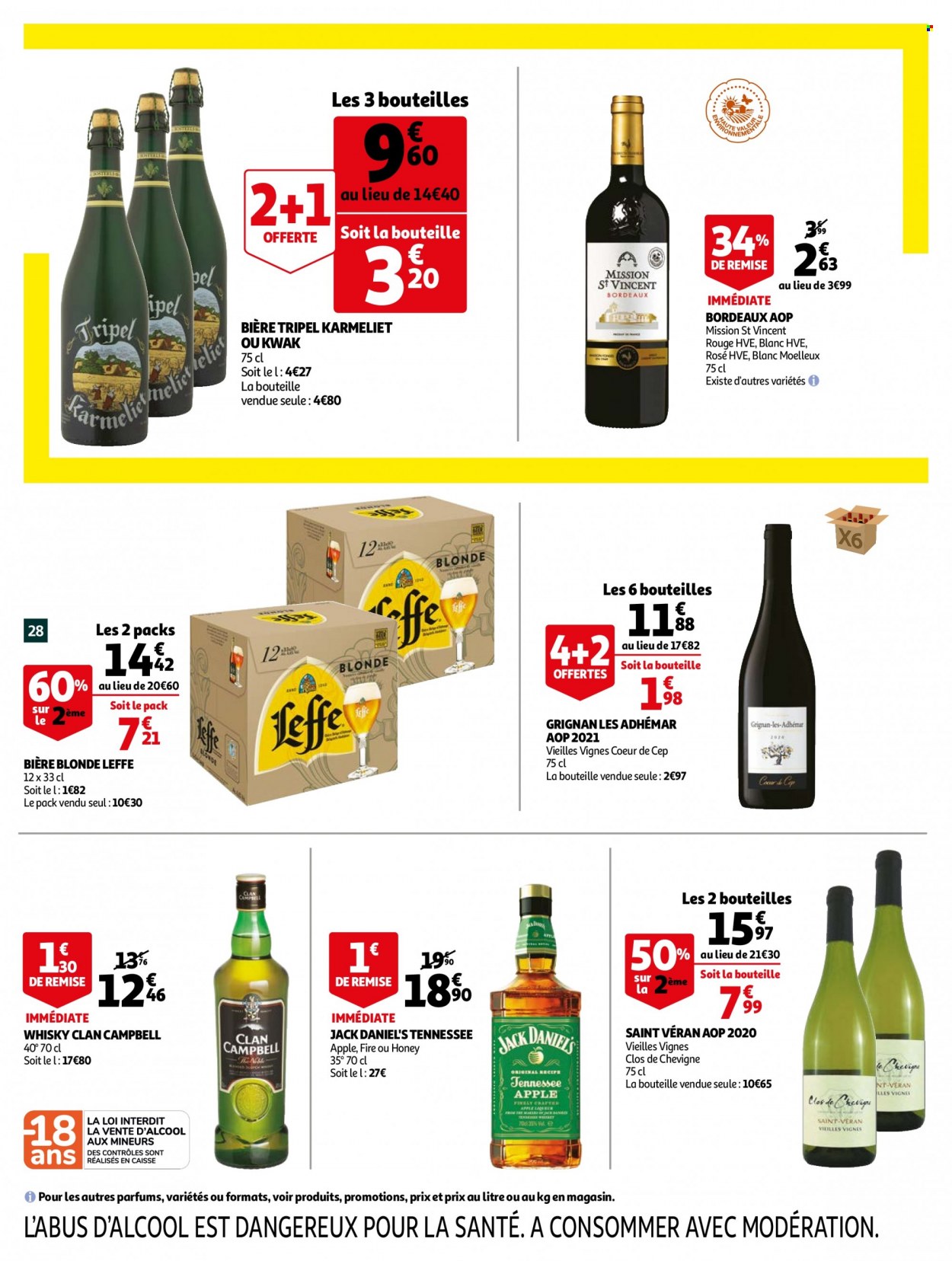 thumbnail - Catalogue Auchan - 25/05/2022 - 31/05/2022 - Produits soldés - Leffe, bière, bière blonde, Kwak, Bordeaux, vin blanc, vin rouge, whisky, Apple. Page 28.