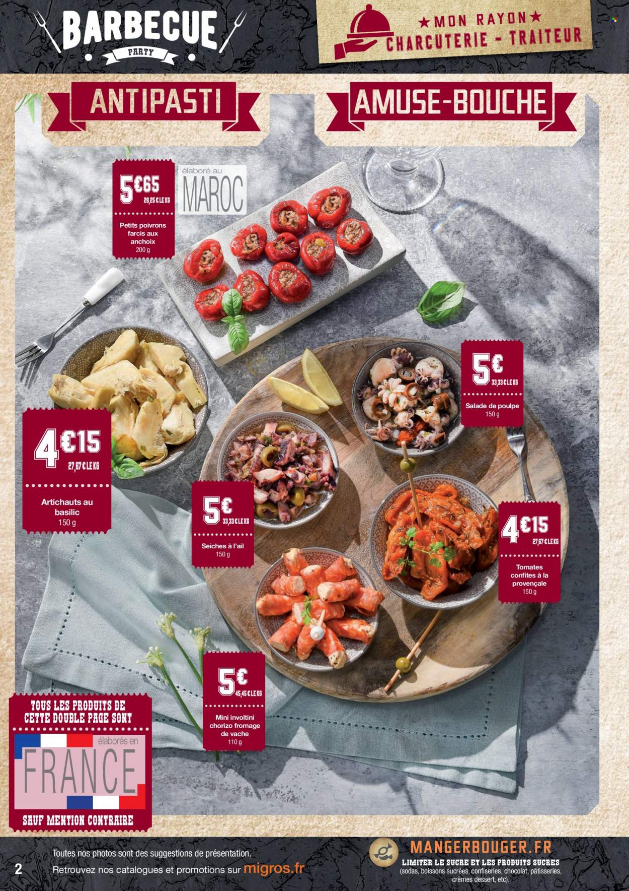 thumbnail - Catalogue Migros France - 24/05/2022 - 06/06/2022 - Produits soldés - salade, artichaut, poivrons, dessert, chorizo, fromage. Page 2.