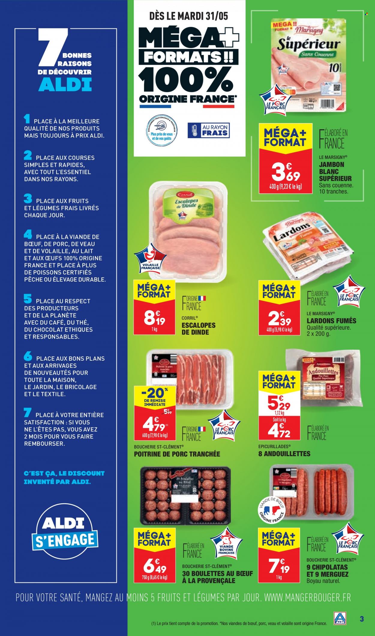 thumbnail - Catalogue ALDI - 31/05/2022 - 06/06/2022 - Produits soldés - escalope, poitrine de porc, viande de porc, viande de dinde, escalope de dinde, viande de veau, boulettes de bœuf, jambon, lardons, jambon blanc, merguez, chipolata, thé. Page 5.