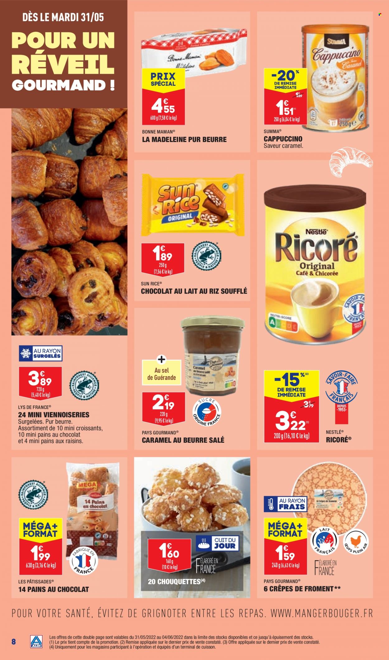 thumbnail - Catalogue ALDI - 31/05/2022 - 06/06/2022 - Produits soldés - croissant, pain au chocolat, crêpes, chouquettes, pain aux raisins, Nestlé. Page 10.