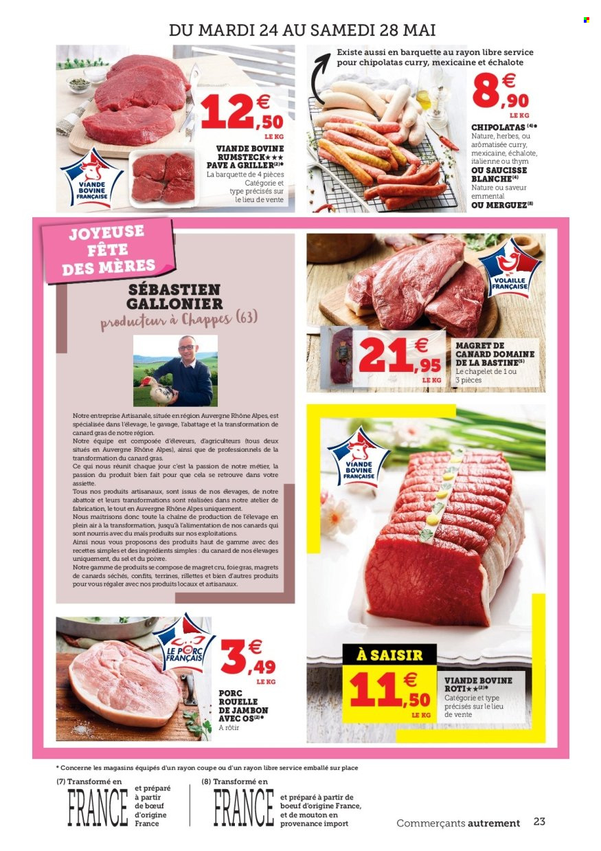 thumbnail - Catalogue SUPER U - 24/05/2022 - 04/06/2022 - Produits soldés - rillettes, foie gras, rouelle de jambon, merguez, chipolata, terrine, fromage, curry. Page 23.