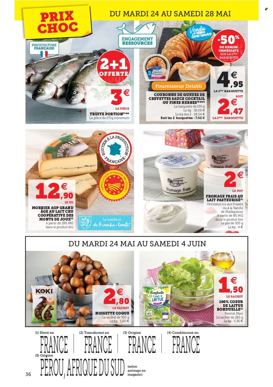 thumbnail - Catalogue HYPER U - 24/05/2022 - 04/06/2022 - Produits soldés - salade, crevettes, truite, Comté, fromage, fromage frais, Morbier, Bonduelle. Page 36.
