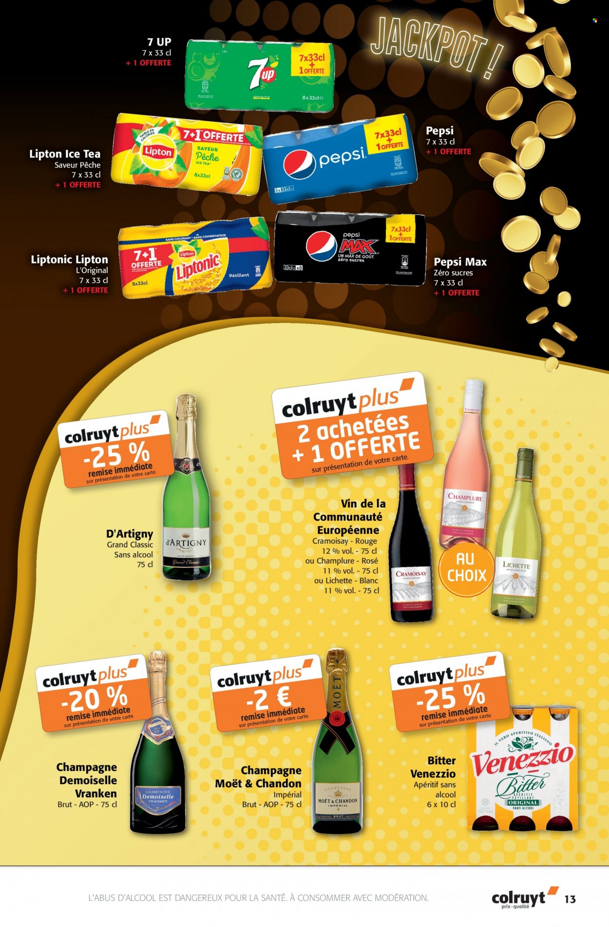 thumbnail - Catalogue Colruyt - 25/05/2022 - 06/06/2022 - Produits soldés - Lipton, Pepsi, thé glacé, champagne, vin blanc, Moët & Chandon, vin, apéritif. Page 13.