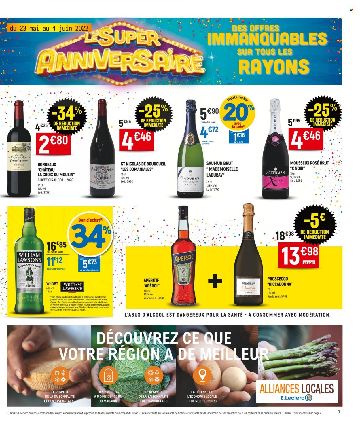 thumbnail - Catalogue E.Leclerc - 23/05/2022 - 04/06/2022 - Produits soldés - Bordeaux, champagne, vin rouge, Prosecco, vin, Aperol, whisky, William Lawson's, apéritif. Page 7.