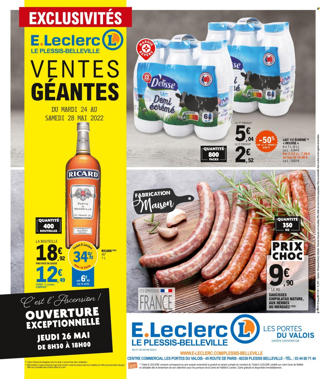 thumbnail - Catalogue E.Leclerc - 24/05/2022 - 28/05/2022 - Produits soldés - merguez, saucisse, chipolata, Délisse, lait, pastis, maison. Page 1.