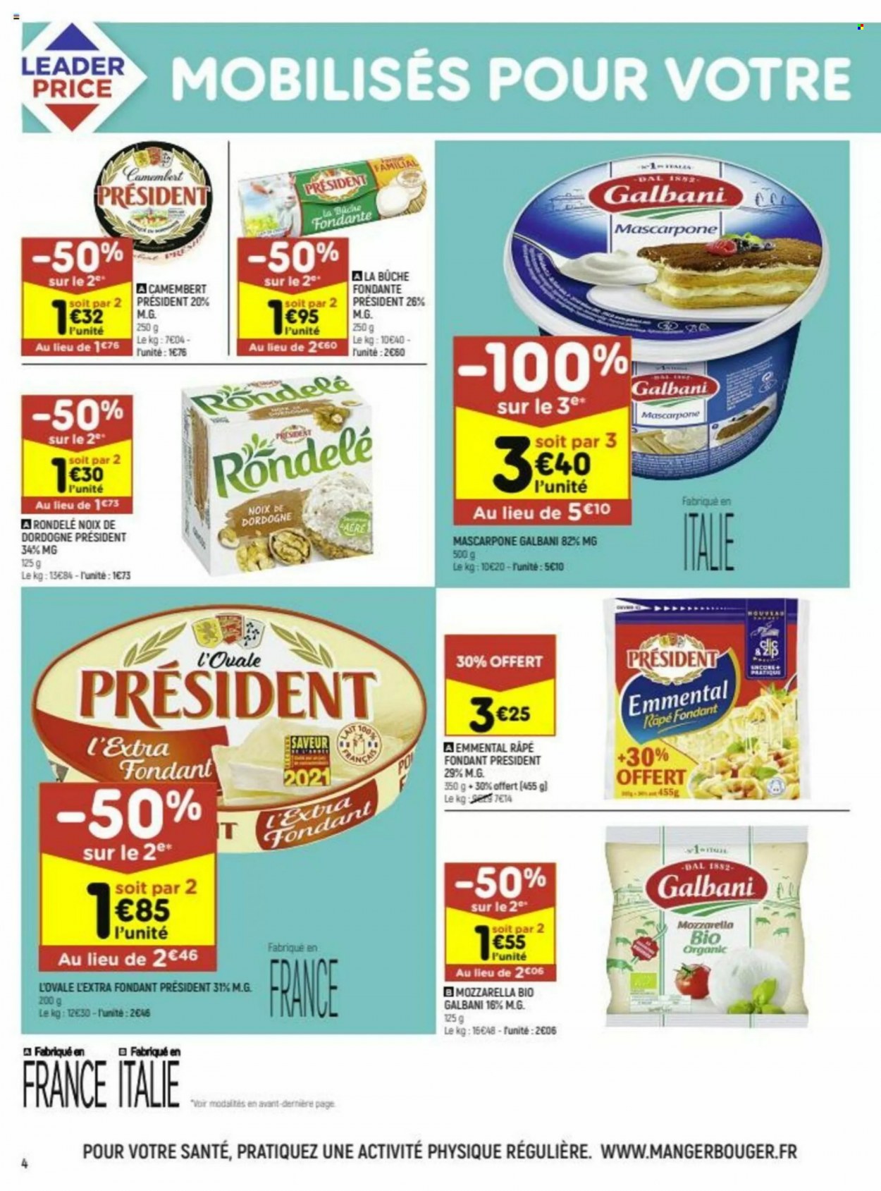 thumbnail - Catalogue Leader Price - 24/05/2022 - 05/06/2022 - Produits soldés - emmental, camembert, fromage, mozzarella, mascarpone, fromage râpé, Président. Page 4.