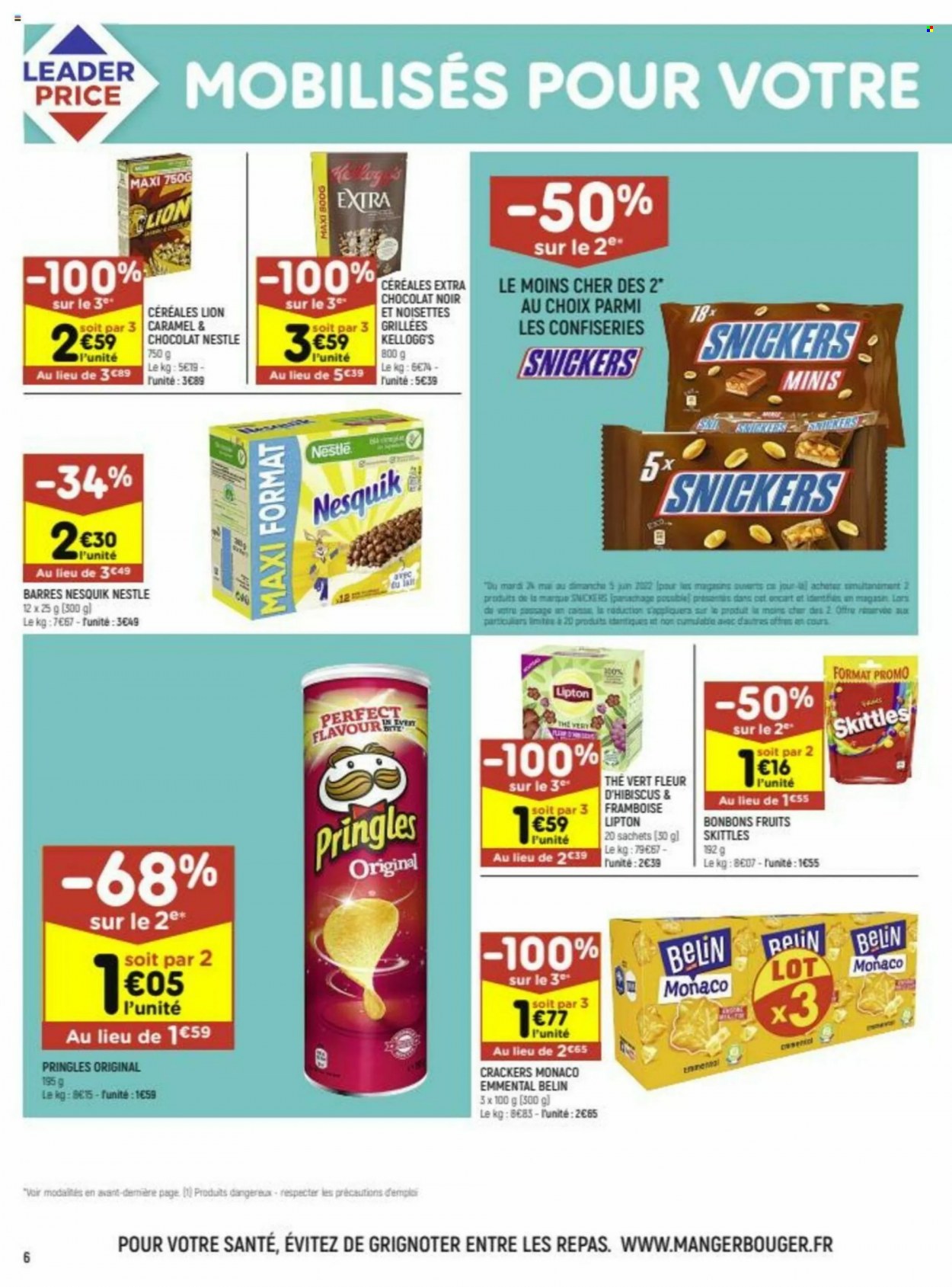 thumbnail - Catalogue Leader Price - 24/05/2022 - 05/06/2022 - Produits soldés - Nestlé, Nesquik, bonbons, Kellogg's, Lion, chips, crackers, Pringles, Lipton, thé vert. Page 6.