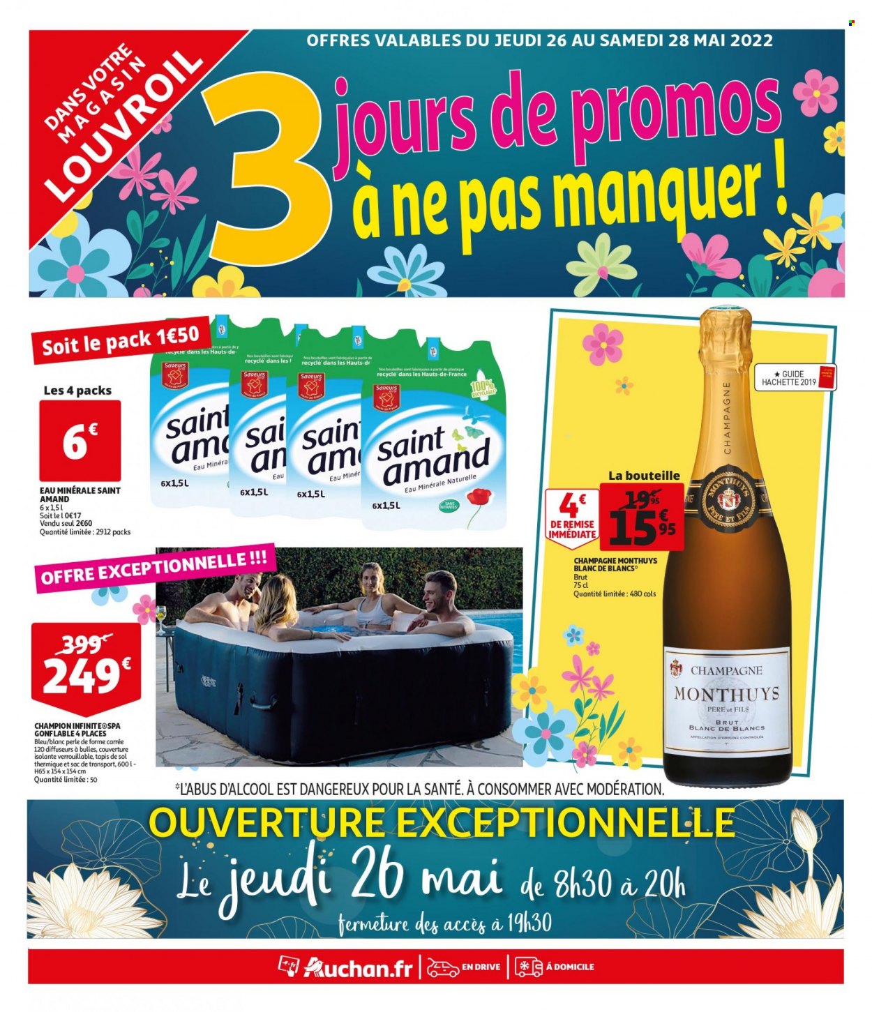 thumbnail - Catalogue Auchan - 26/05/2022 - 28/05/2022 - Produits soldés - eau minérale, eau minérale naturelle, champagne, plaid, sac de transport. Page 1.