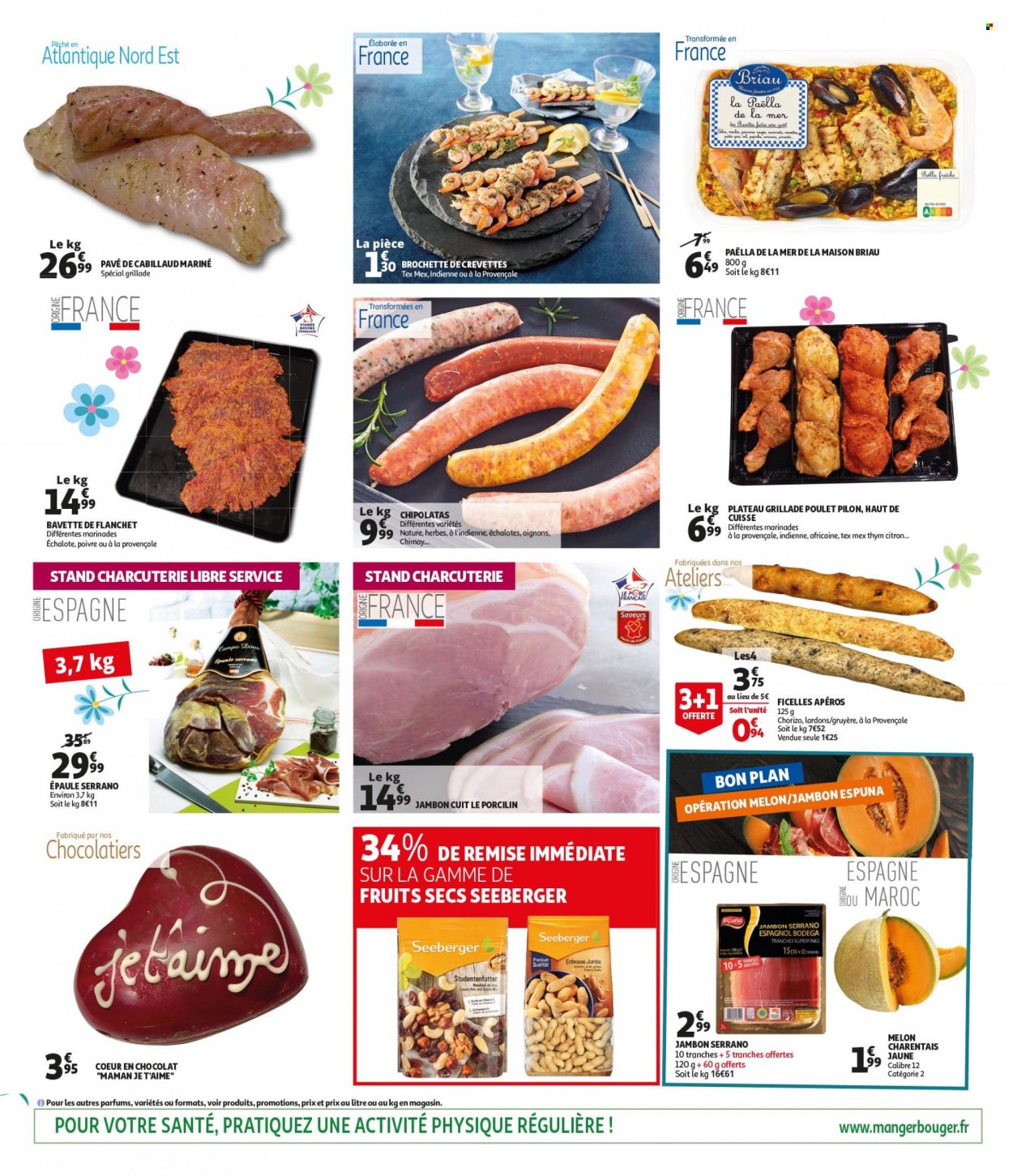 thumbnail - Catalogue Auchan - 26/05/2022 - 28/05/2022 - Produits soldés - melon, oignons, échalotes, poulet, cabillaud, paella, jambon, chorizo, lardons, chipolata, gruyère, fruits séchés. Page 2.