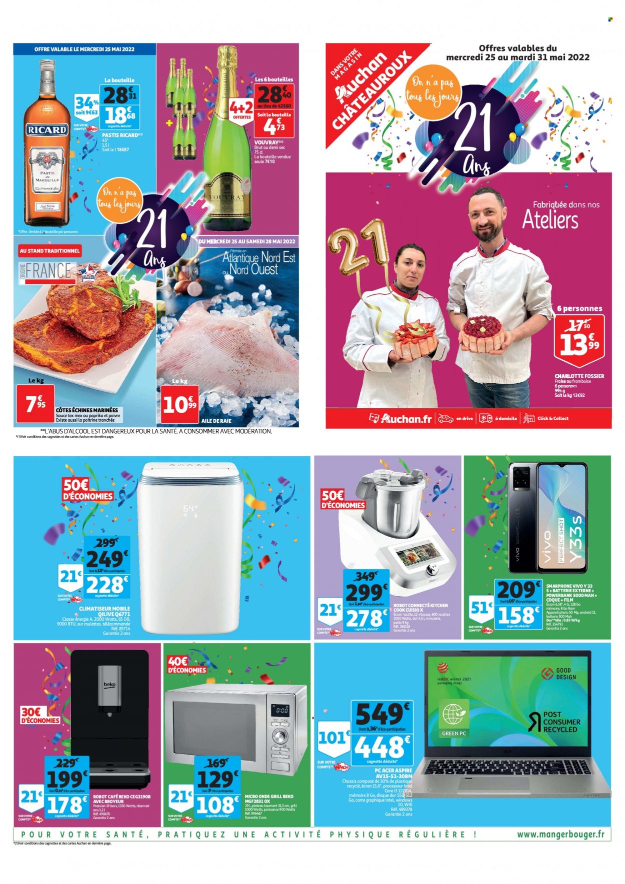 thumbnail - Catalogue Auchan - 25/05/2022 - 31/05/2022 - Produits soldés - Beko, raie, café, pastis, batterie de secours, powerbank, appareil photo, climatiseur, robot café, grill, Acer. Page 1.