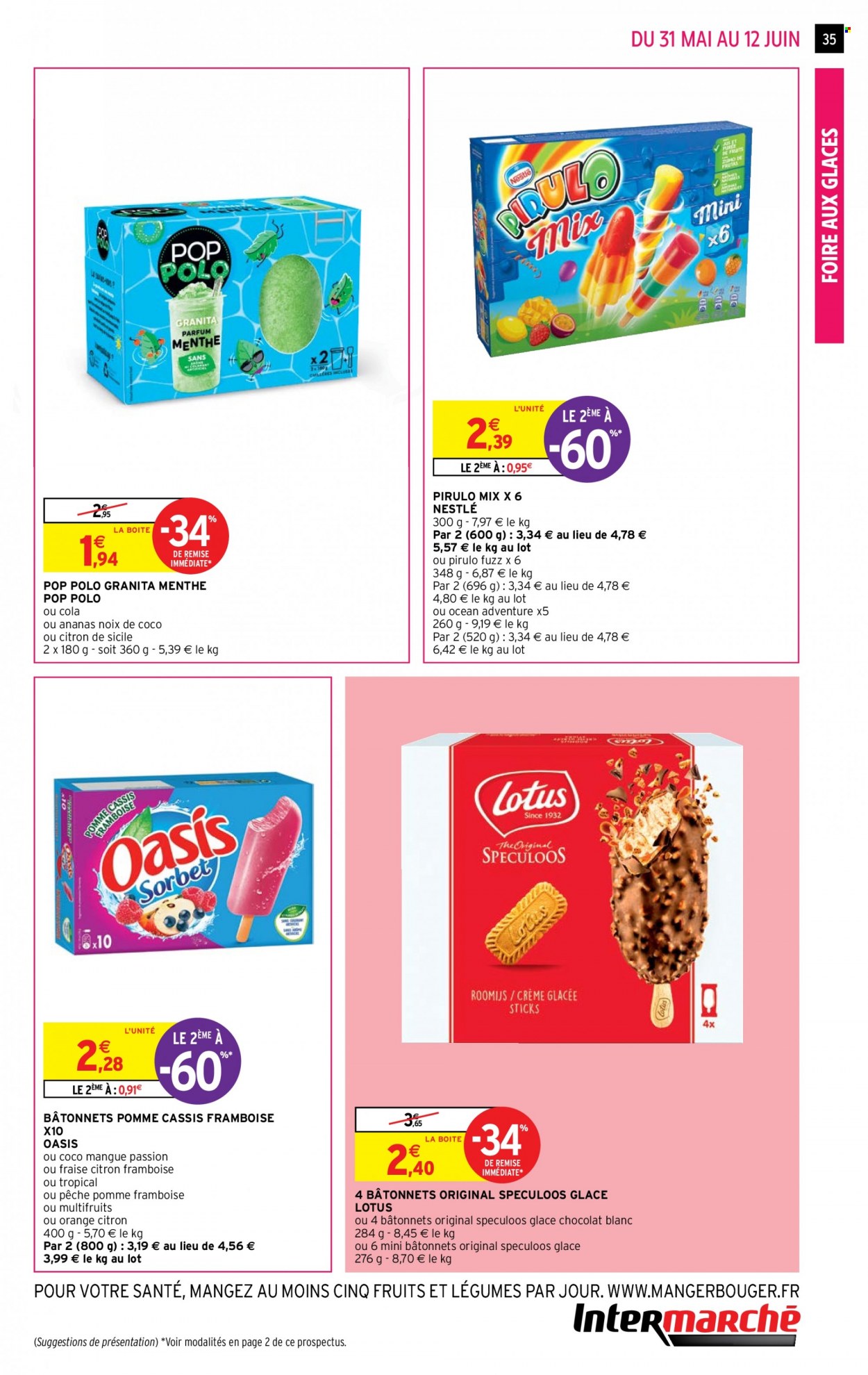 thumbnail - Catalogue Intermarché Super - 31/05/2022 - 12/06/2022 - Produits soldés - pommes, Nestlé, glace, Oasis, speculoos, Lotus, chocolat blanc, menthe, Coca-Cola, t-shirt. Page 35.
