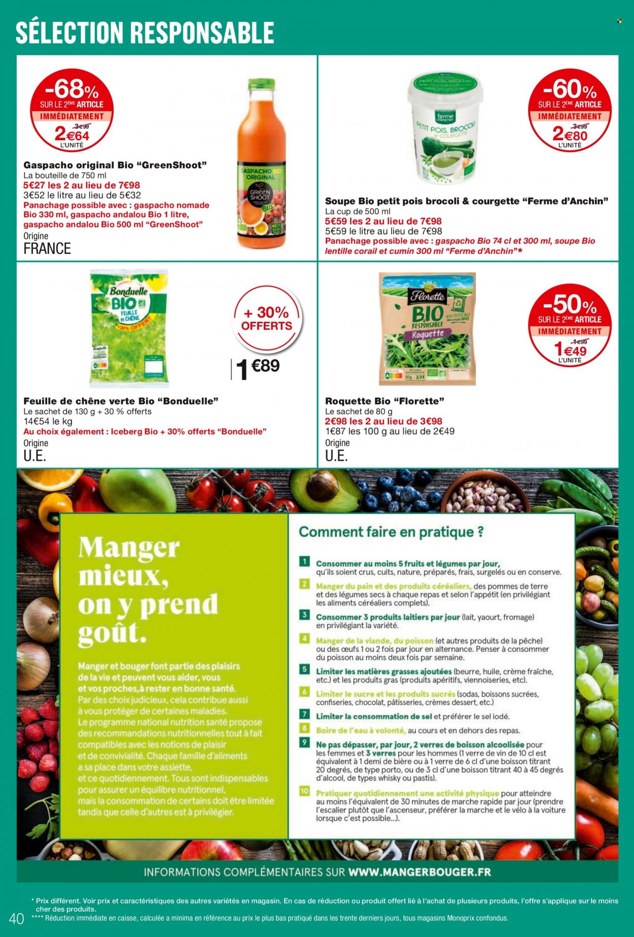 thumbnail - Catalogue Monoprix - 01/06/2022 - 19/06/2022 - Produits soldés - iceberg, lait, beurre, crème fraîche, petit pois, Bonduelle, verre. Page 40.