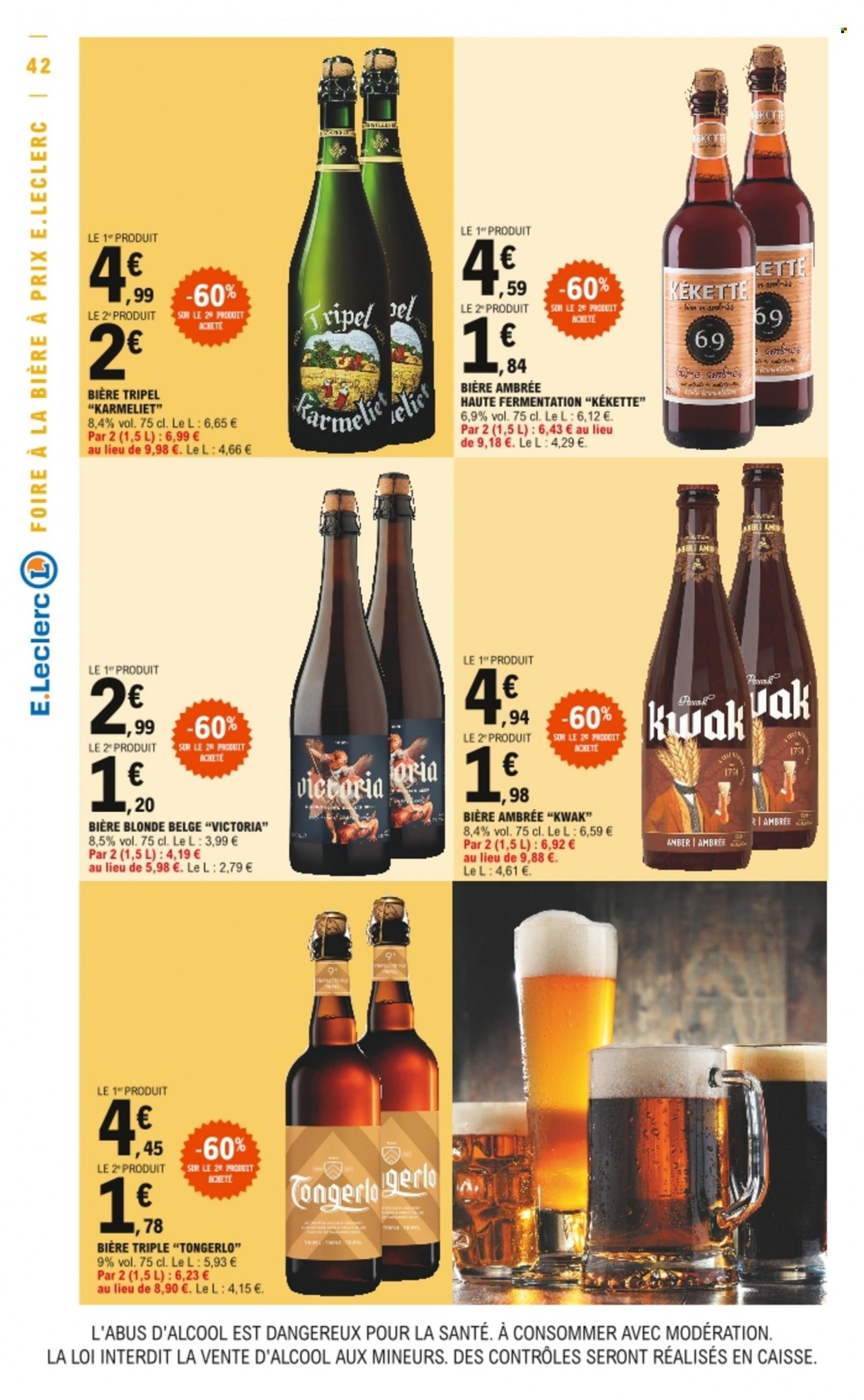 thumbnail - Catalogue E.Leclerc - 24/05/2022 - 28/05/2022 - Produits soldés - bière blonde, Kwak, sel. Page 42.