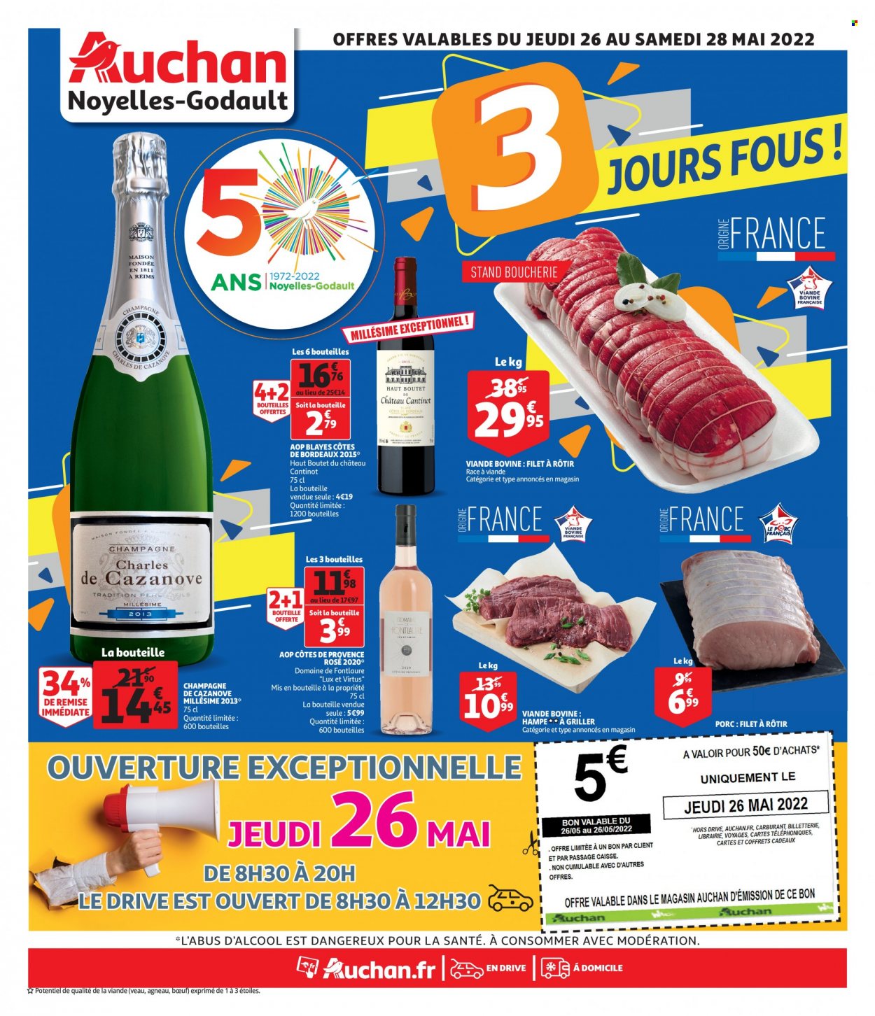 thumbnail - Catalogue Auchan - 26/05/2022 - 28/05/2022 - Produits soldés - viande de veau, Bordeaux, champagne, vin rouge, vin, maison. Page 1.