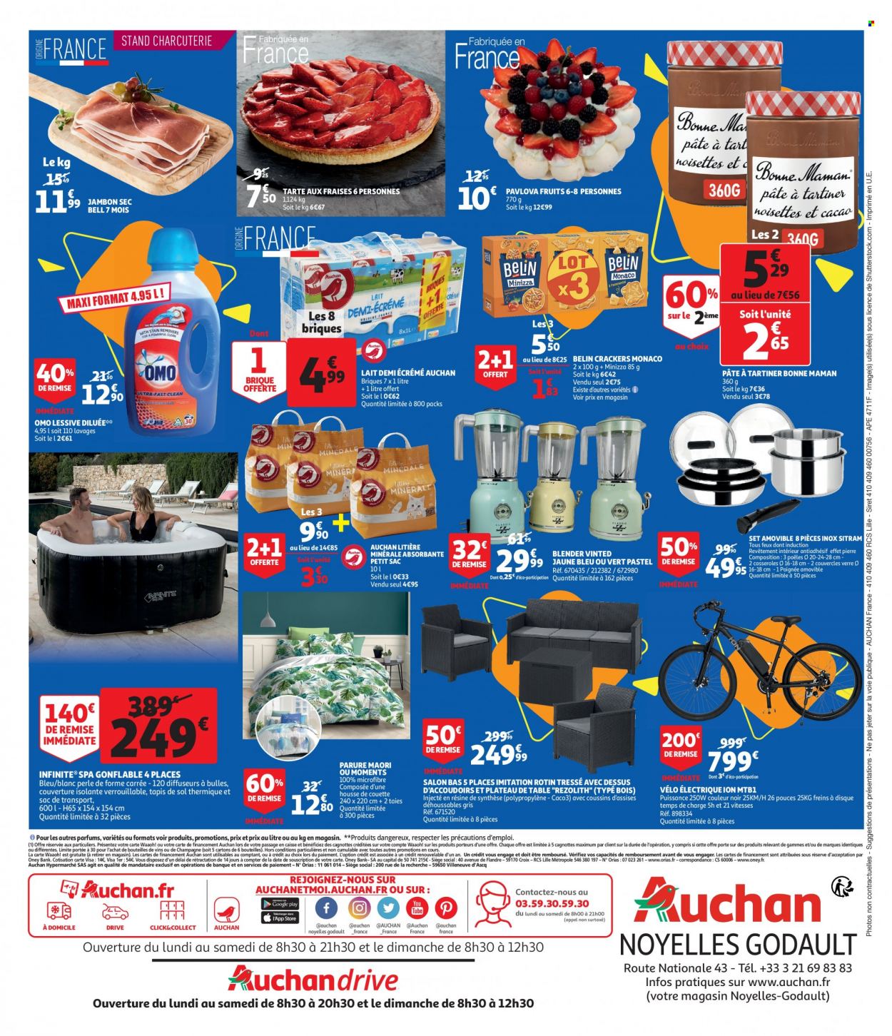 thumbnail - Catalogue Auchan - 26/05/2022 - 28/05/2022 - Produits soldés - poêle, vélo, tarte, jambon, jambon sec, pâte à tartiner, crackers, vin, lessive, OMO, casserole, couette, housse de couette, plaid, taie, litière, blender, vélo électrique, sac de transport. Page 2.