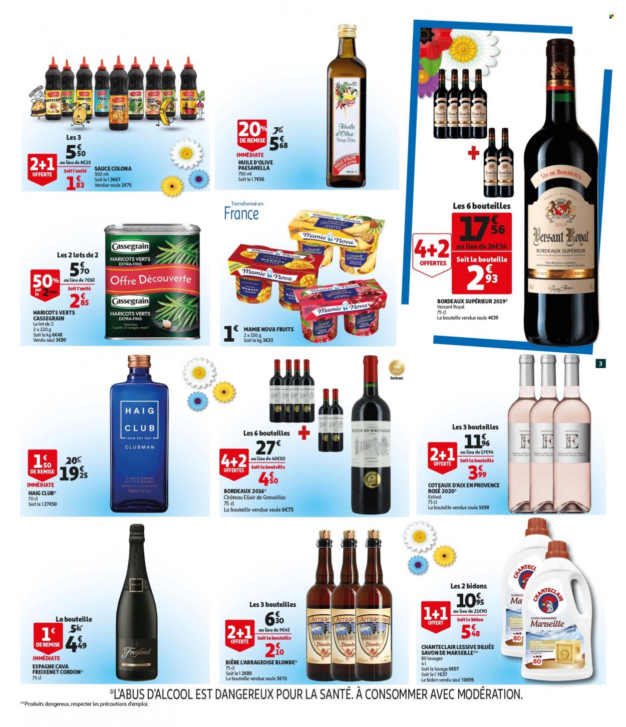 thumbnail - Catalogue Auchan - 26/05/2022 - 28/05/2022 - Produits soldés - bière, Caesar, Mamie Nova, huile d'olive, Bordeaux, vin rouge, vin, Chante clair, lessive. Page 3.