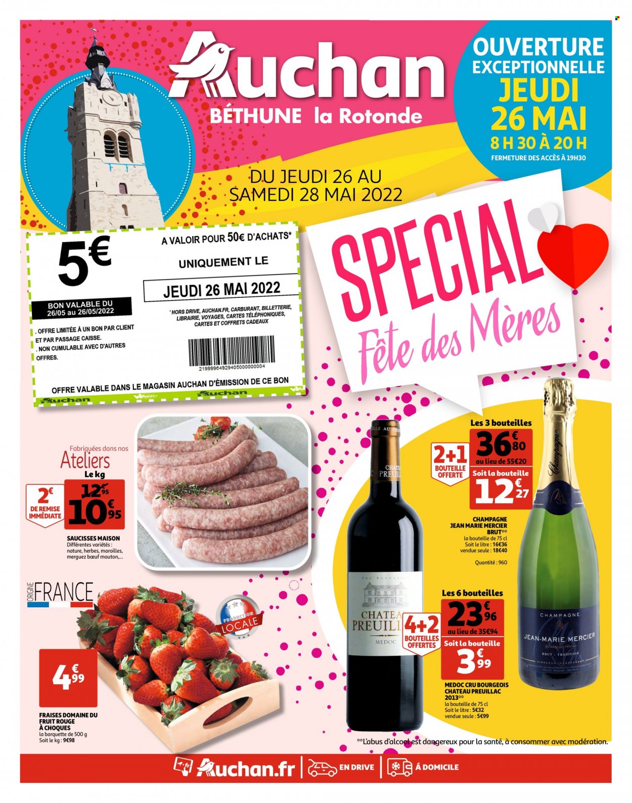 thumbnail - Catalogue Auchan - 26/05/2022 - 28/05/2022 - Produits soldés - alcool, fraises, merguez, saucisse, Maroilles, champagne, jeans, maison. Page 1.