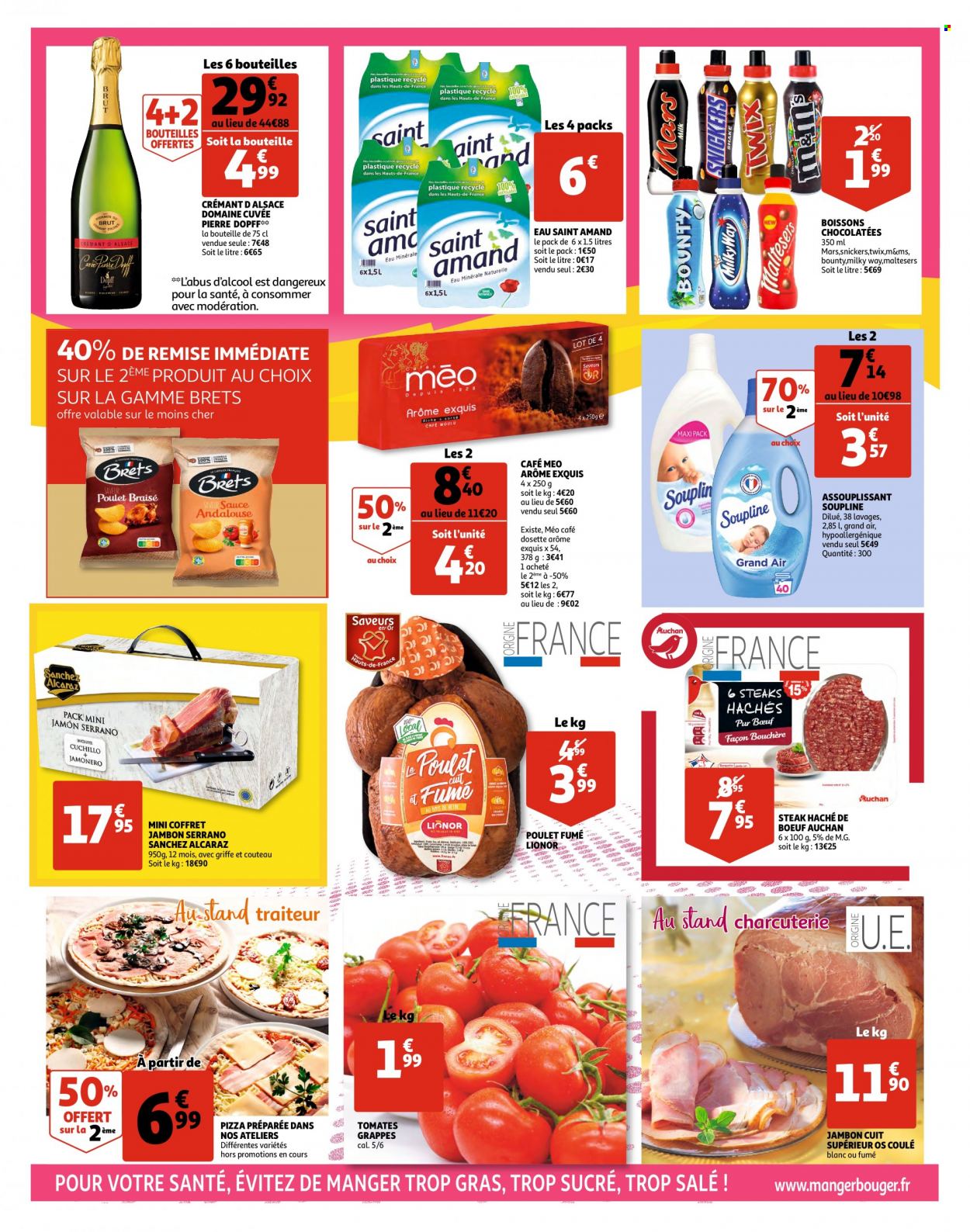 thumbnail - Catalogue Auchan - 26/05/2022 - 28/05/2022 - Produits soldés - poulet, steak haché, viande hachée, pizza, jambon sec, jamón serrano, Twix, Brets, eau minérale, eau minérale naturelle, café, assouplissant, Soupline. Page 2.
