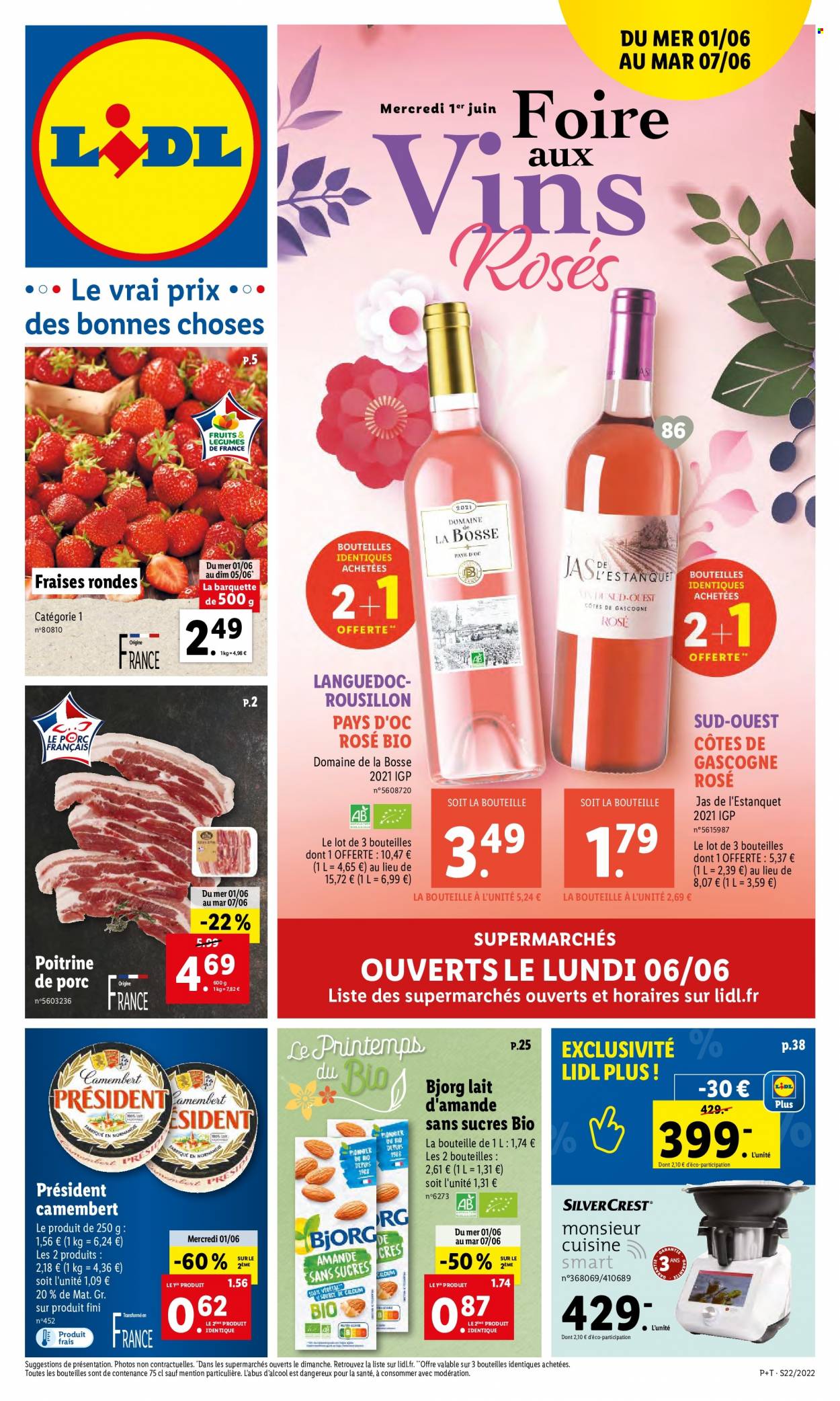 thumbnail - Catalogue Lidl - 01/06/2022 - 07/06/2022 - Produits soldés - poitrine de porc, Bjorg, camembert, Président, lait, Côtes de Gascogne, vin. Page 1.