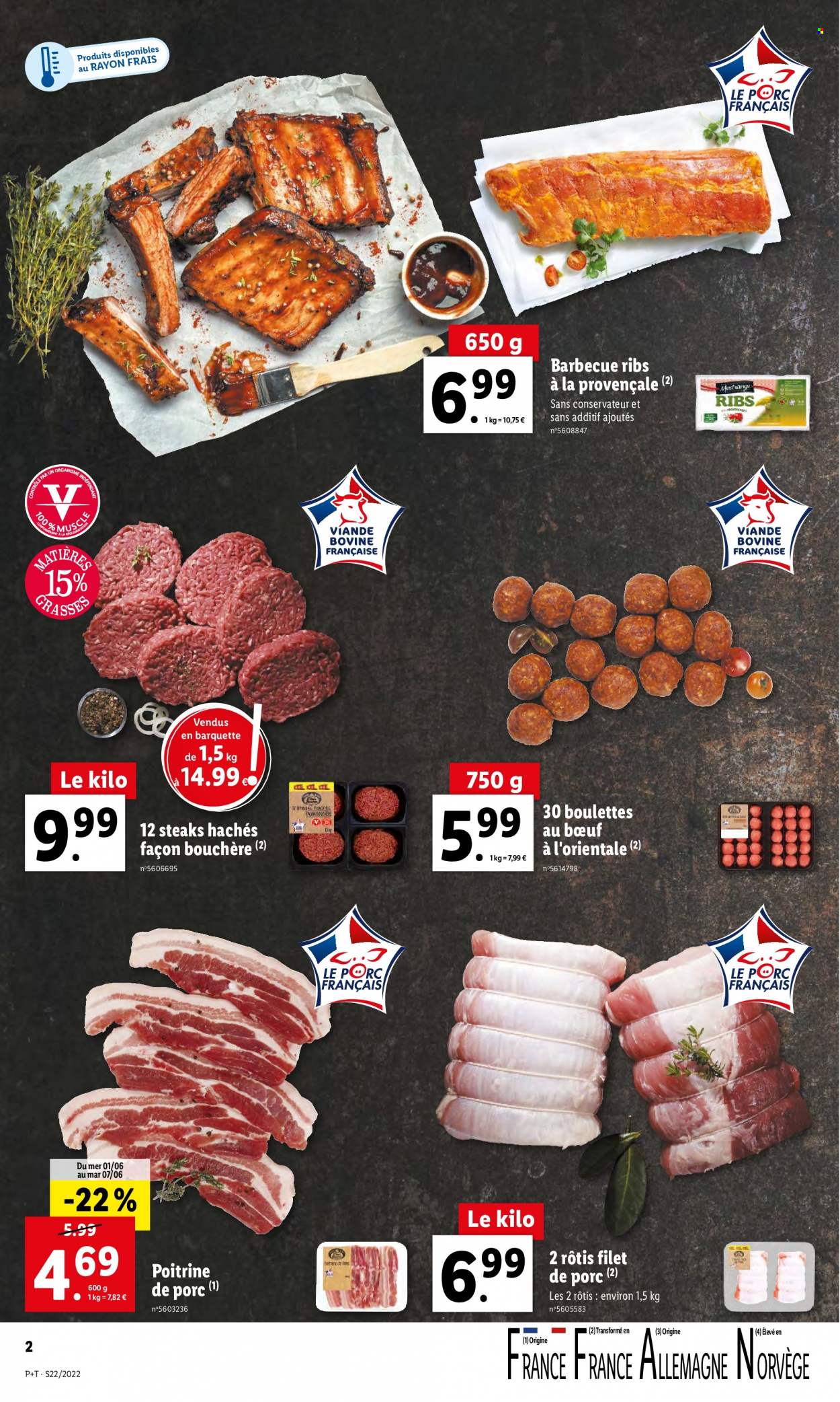 thumbnail - Catalogue Lidl - 01/06/2022 - 07/06/2022 - Produits soldés - rôti de porc, poitrine de porc, viande de porc, steak haché, boulettes de bœuf, viande hachée. Page 2.