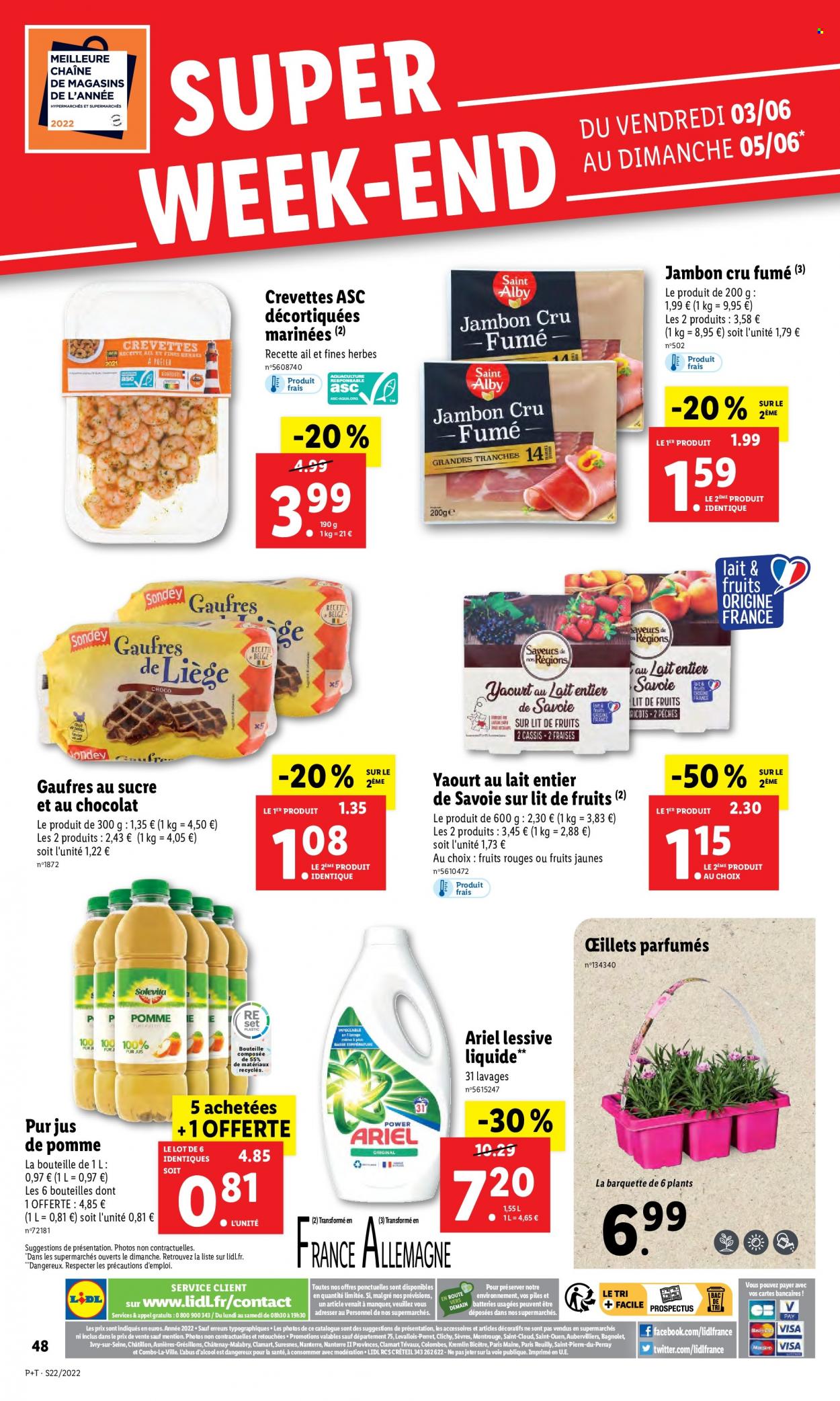 thumbnail - Catalogue Lidl - 01/06/2022 - 07/06/2022 - Produits soldés - gaufres, crevettes, yaourt, jus, pur jus, jus de pomme, Ariel, lessive. Page 50.