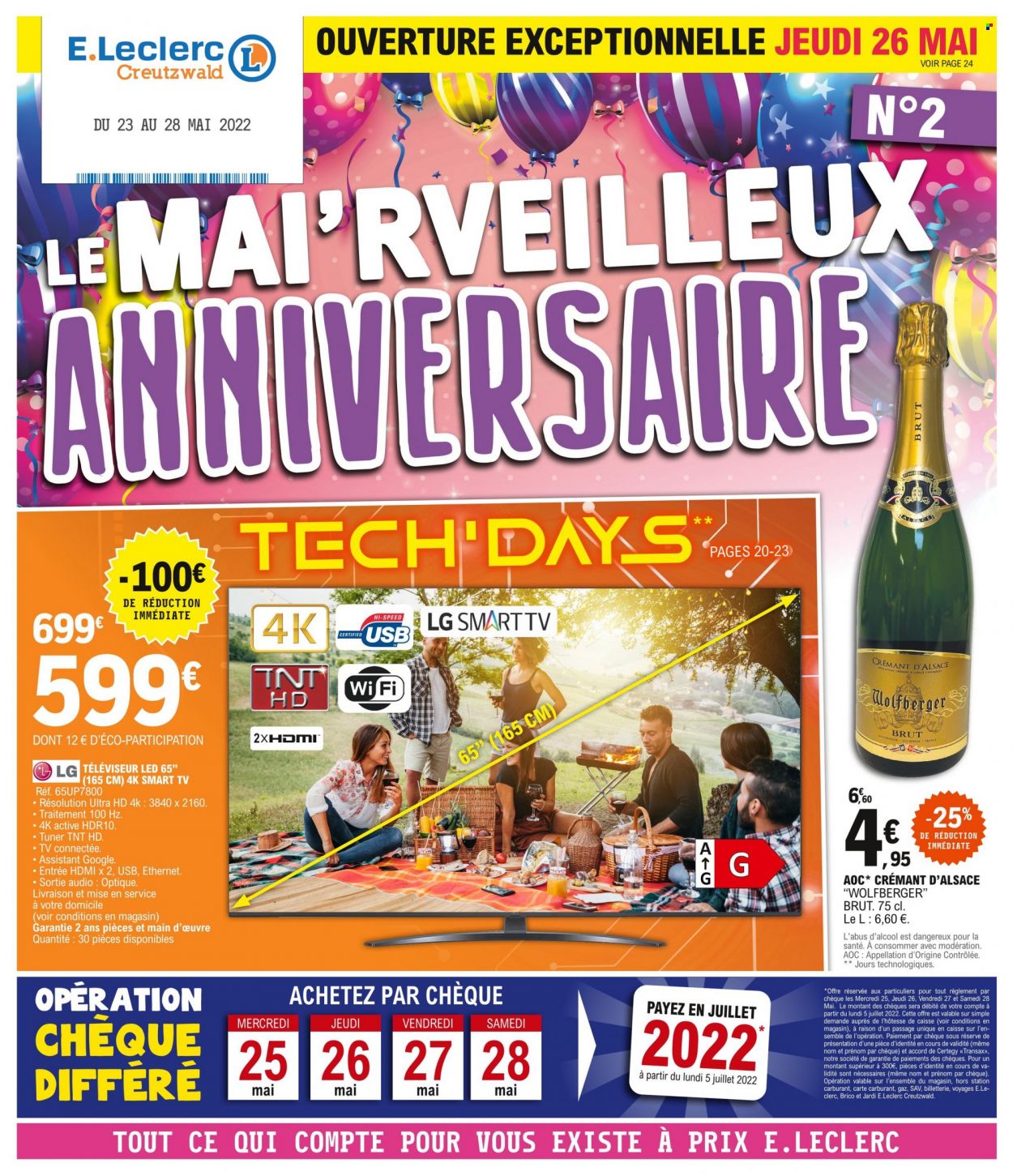 thumbnail - Catalogue E.Leclerc - 24/05/2022 - 28/05/2022 - Produits soldés - LG, Crémant d’Alsace, champagne, téléviseur, téléviseur LED, smart tv. Page 1.