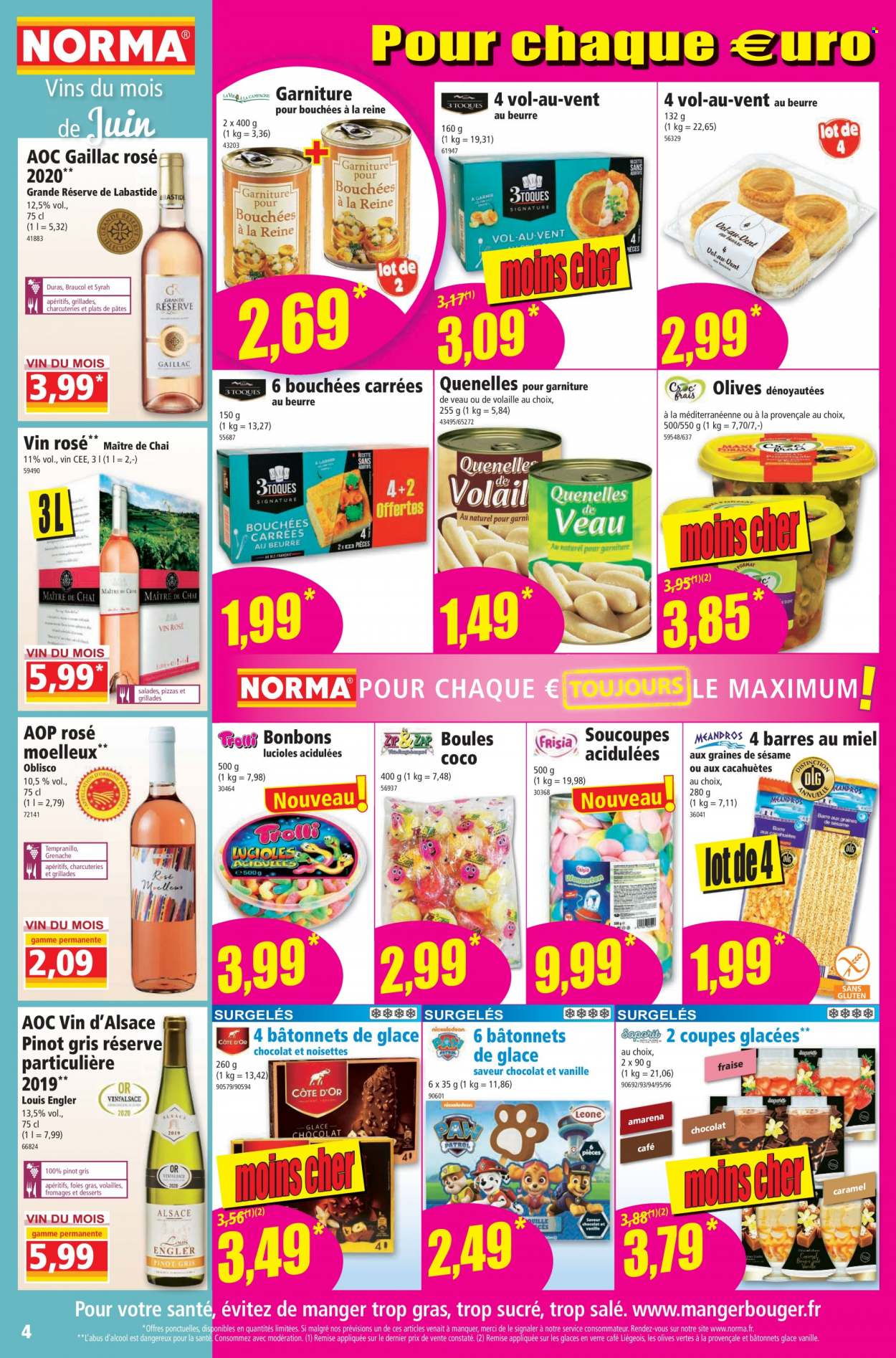 thumbnail - Catalogue Norma - 01/06/2022 - 07/06/2022 - Produits soldés - bouchées, pizza, verrine glacée, bonbons, café, vin d’Alsace, vin rosé, vin rouge, Pinot Gris, vin, verre. Page 4.