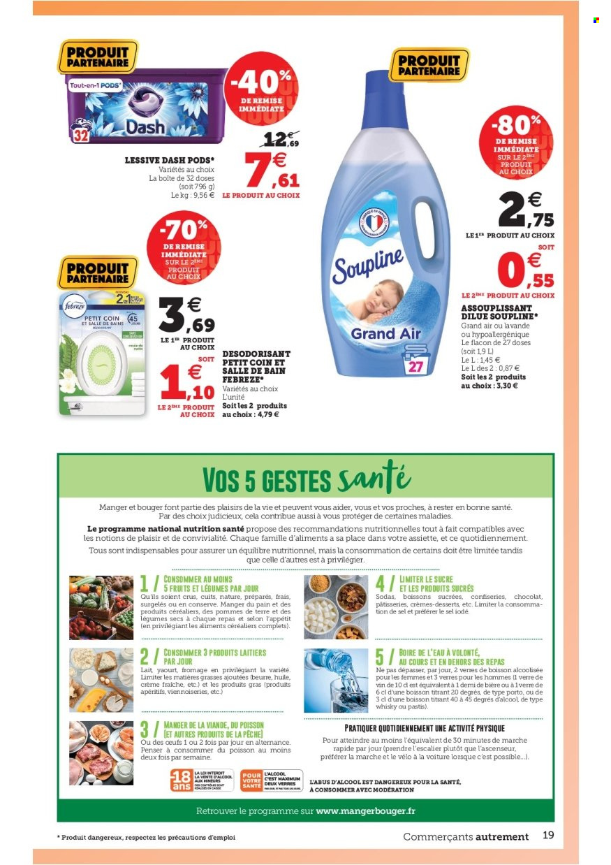 thumbnail - Catalogue U express - 31/05/2022 - 11/06/2022 - Produits soldés - yaourt, lait, beurre, crème fraîche, Febrèze, assouplissant, lessive, Soupline, desodorisant. Page 19.