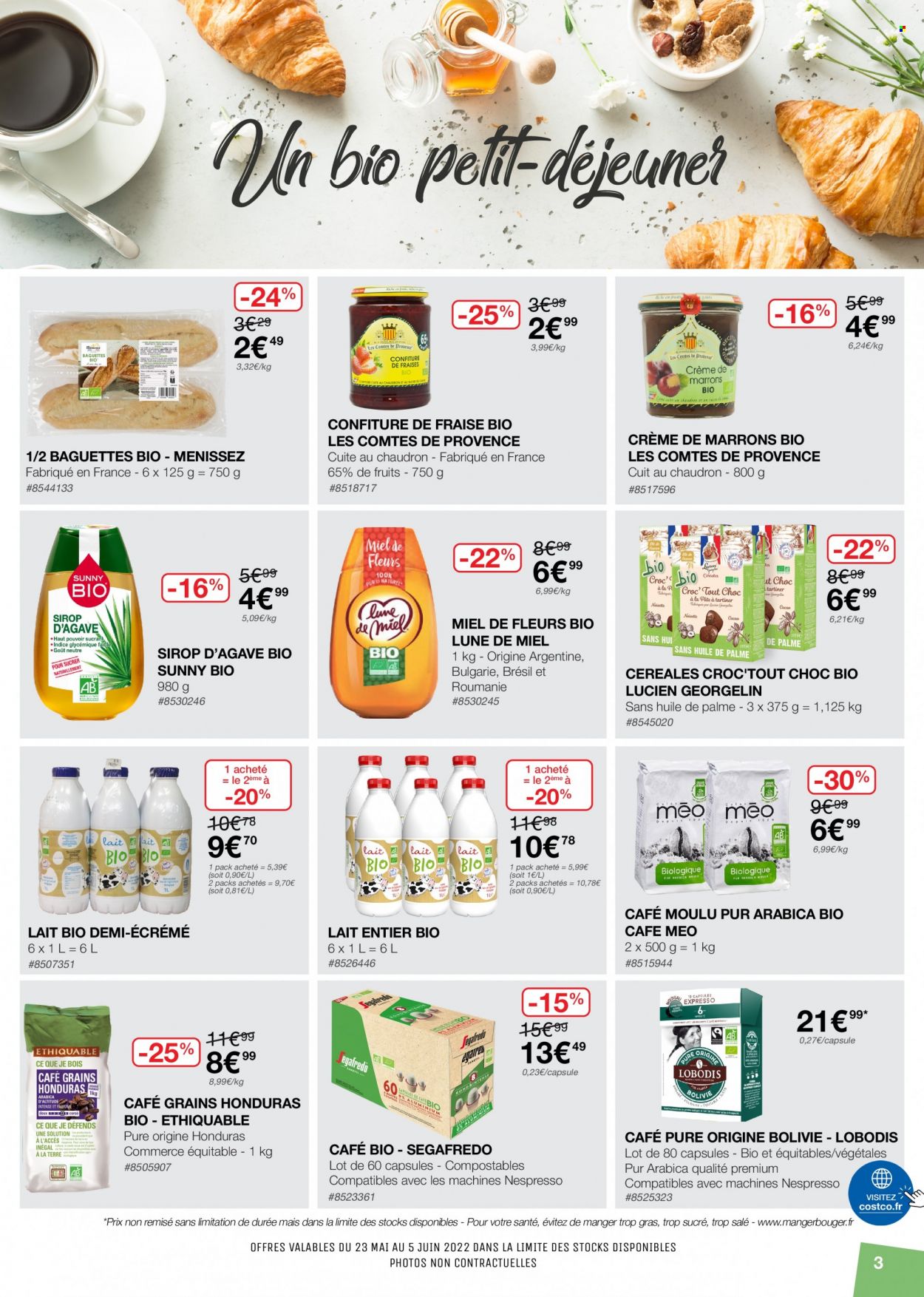 thumbnail - Catalogue Costco - 23/05/2022 - 05/06/2022 - Produits soldés - baguette, lait, céréales, confiture, sirop, sirop d’agave, café, café moulu, Segafredo. Page 3.