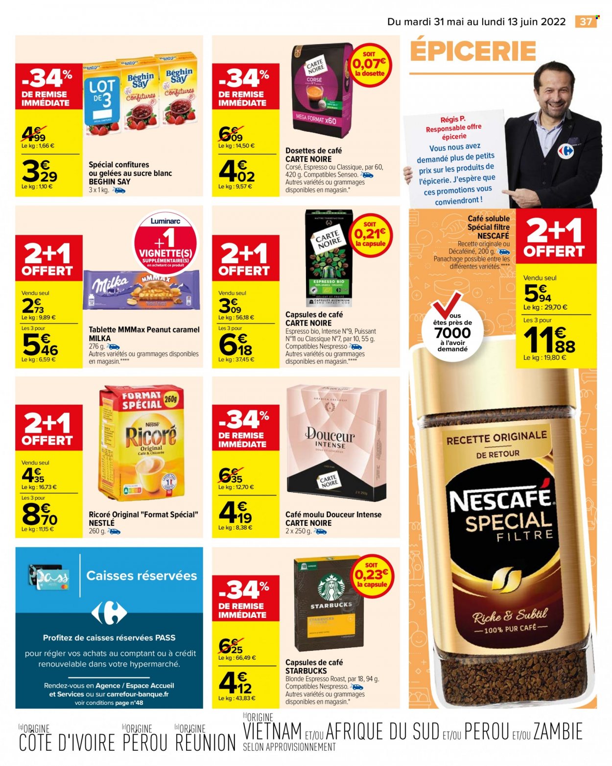 thumbnail - Catalogue Carrefour Hypermarchés - 31/05/2022 - 13/06/2022 - Produits soldés - Nestlé, Milka, café moulu, Nescafé, café capsules, dosettes de café, Carte Noire, café soluble, Starbucks. Page 40.