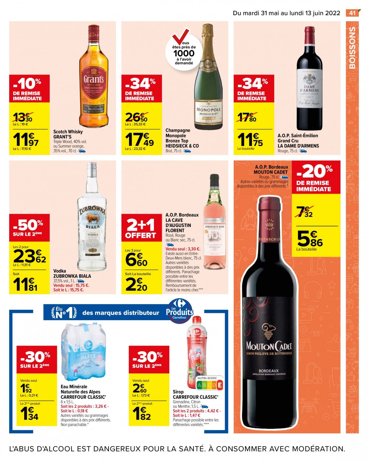 thumbnail - Catalogue Carrefour Hypermarchés - 31/05/2022 - 13/06/2022 - Produits soldés - menthe, sirop, eau minérale, eau minérale naturelle, Bordeaux, champagne, vin rouge, vin, vodka, whisky. Page 44.