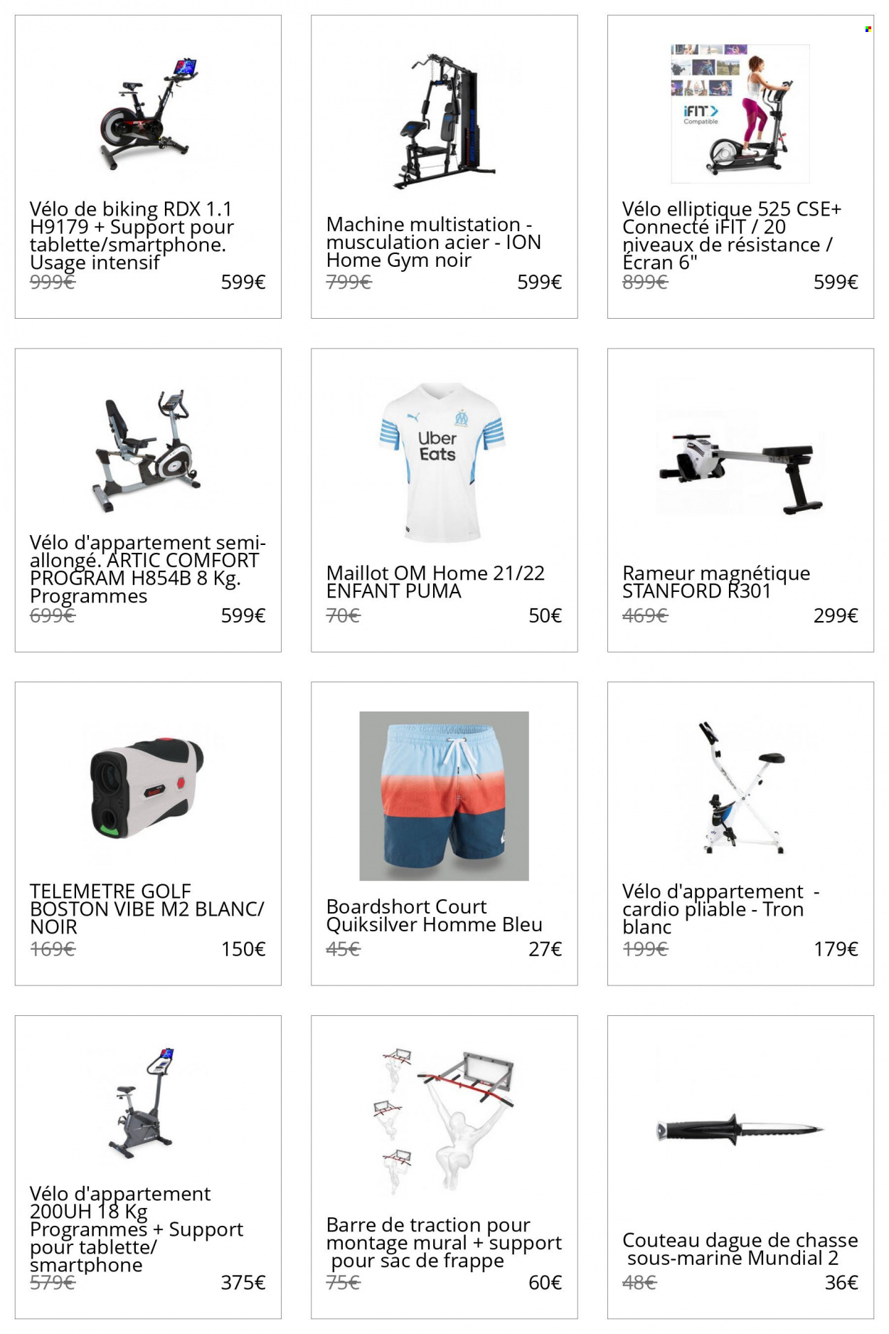 thumbnail - Catalogue Decathlon - Produits soldés - Puma, maillot, rameur, couteau, vélo d'appartement. Page 20.