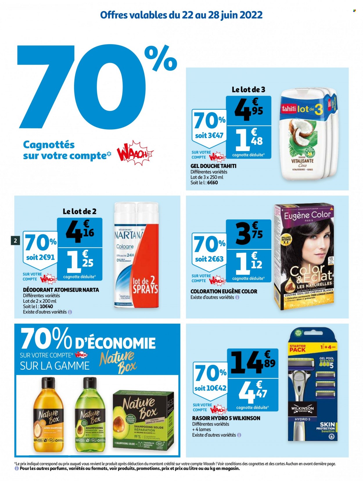 thumbnail - Catalogue Auchan - 22/06/2022 - 05/07/2022 - Produits soldés - gel douche, shampooing, Tahiti, Nature Box, déodorant, desodorisant, Wilkinson Sword, rasoir. Page 2.