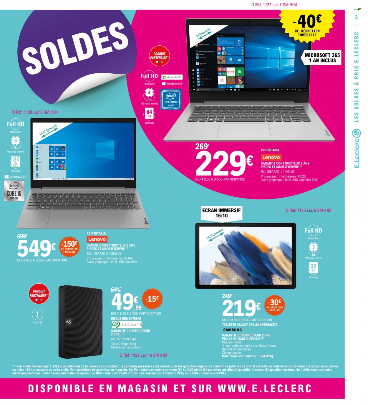 thumbnail - Catalogue E.Leclerc - 22/06/2022 - 19/07/2022 - Produits soldés - Samsung, Lenovo, pc portable, disque dur externe. Page 3.