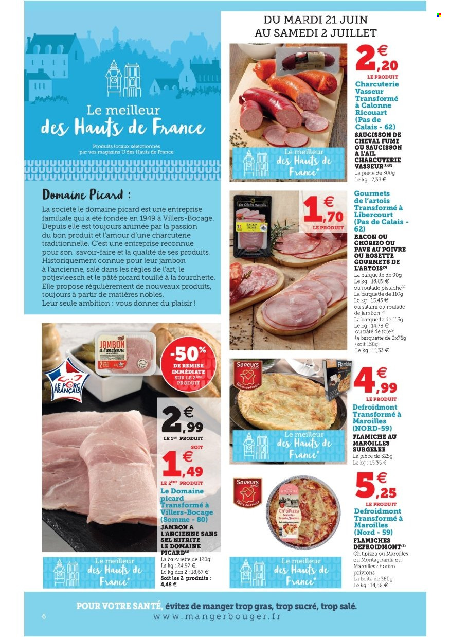 thumbnail - Catalogue HYPER U - 21/06/2022 - 02/07/2022 - Produits soldés - poivrons, jambon, rosette, salami, bacon, saucisson, pistache, fourchette. Page 6.