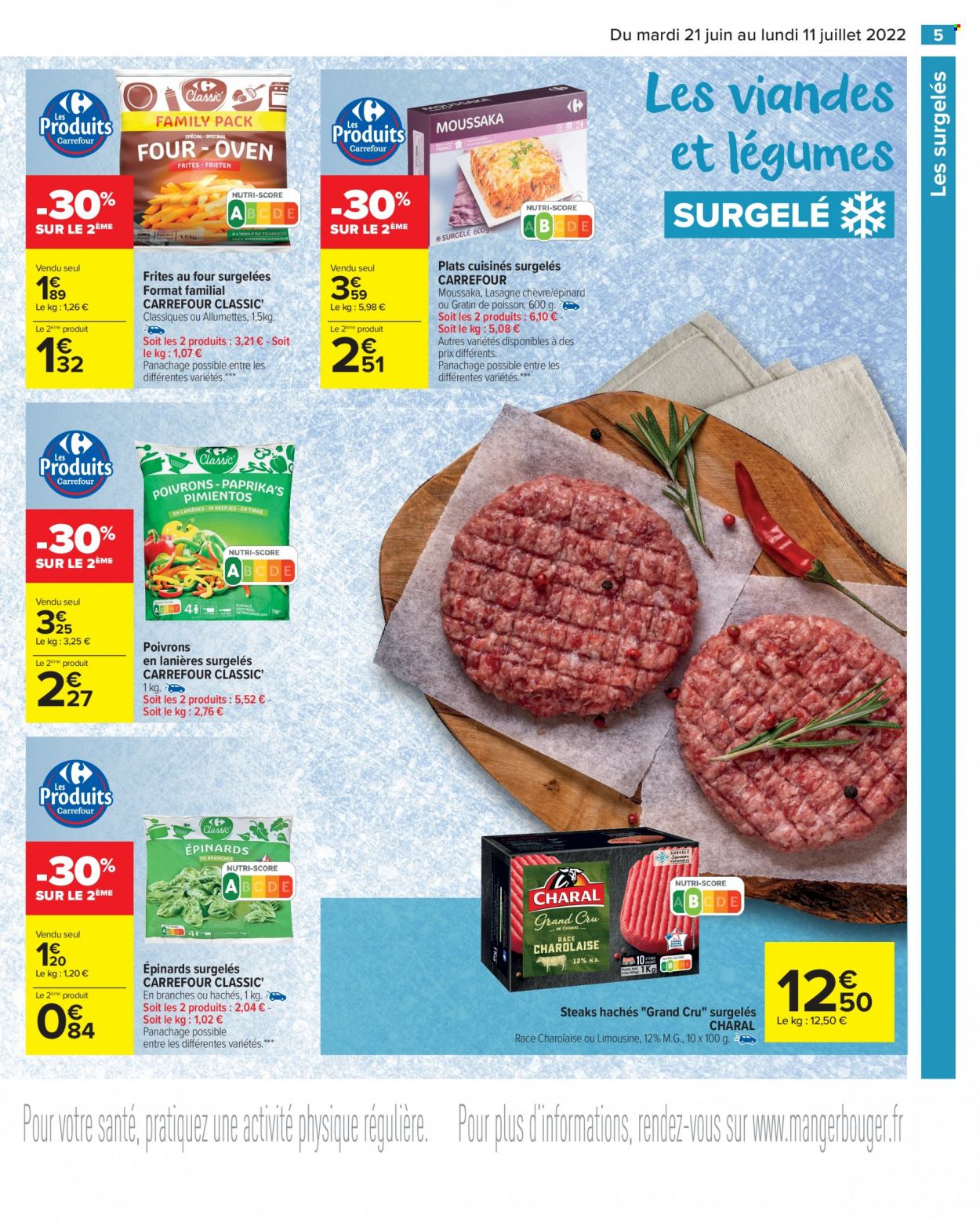 thumbnail - Catalogue Carrefour Market - 21/06/2022 - 11/07/2022 - Produits soldés - poivrons, steak haché, viande hachée, lasagnes, plat cuisiné, allumettes, frites. Page 5.